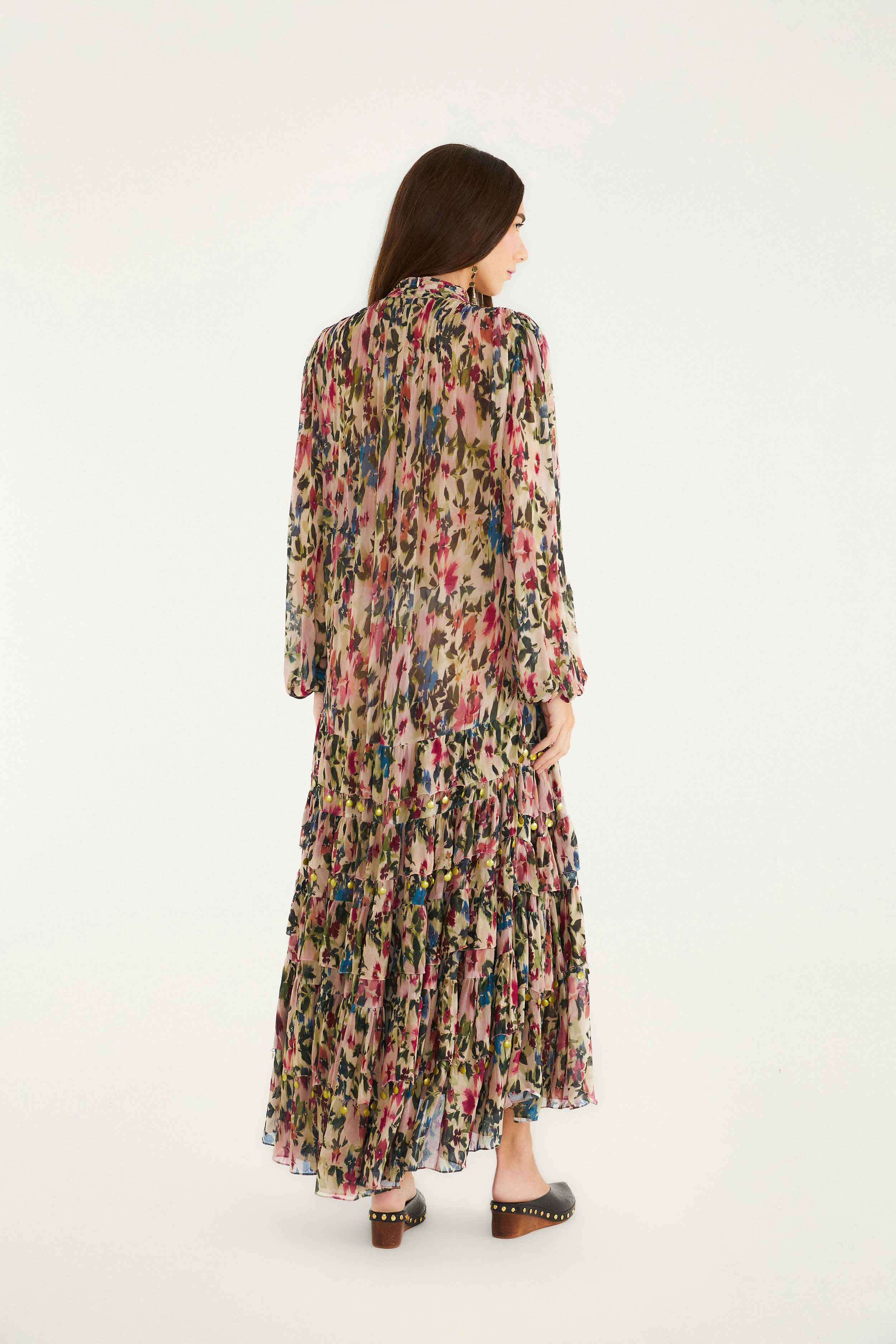 Pink Blurred Tiny Flowers Long Sleeve Maxi Dress - 4