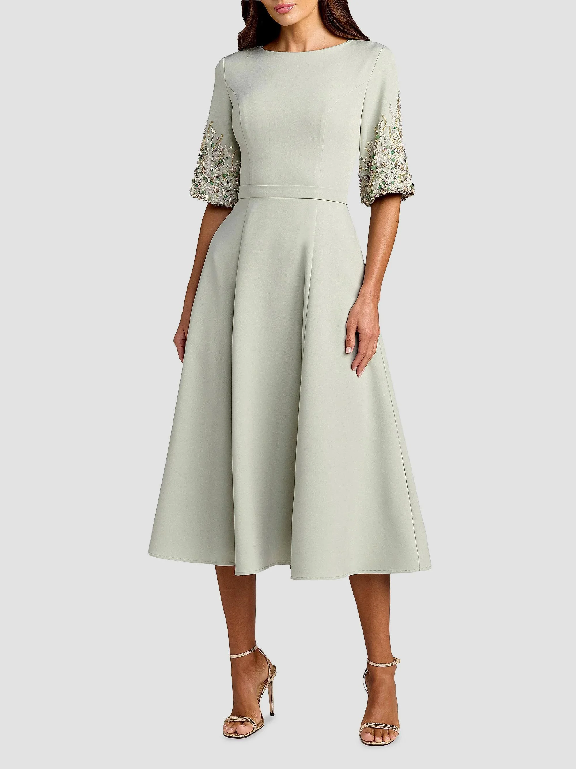 Women's Embellished Sleeve Tea-Length Cocktail Dress - Sage - 1