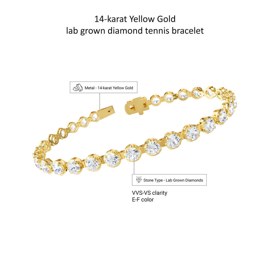 Diamond2Deal - Diamond2Deal 14k Yellow Gold 7.50 Carat Round Lab Grown Diamond Tennis Bracelet 7" VVS-VS, E-F - 3
