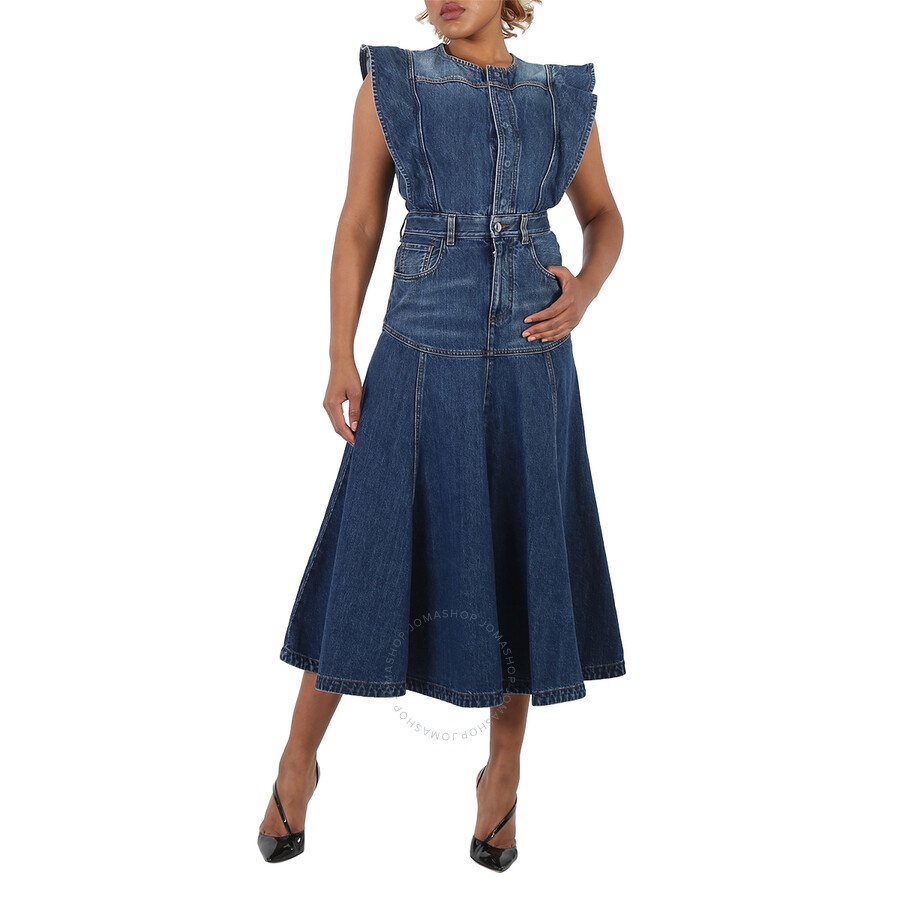 Chloe Ladies Dusky Blue Ruffled Pleated Denim Dress - 4