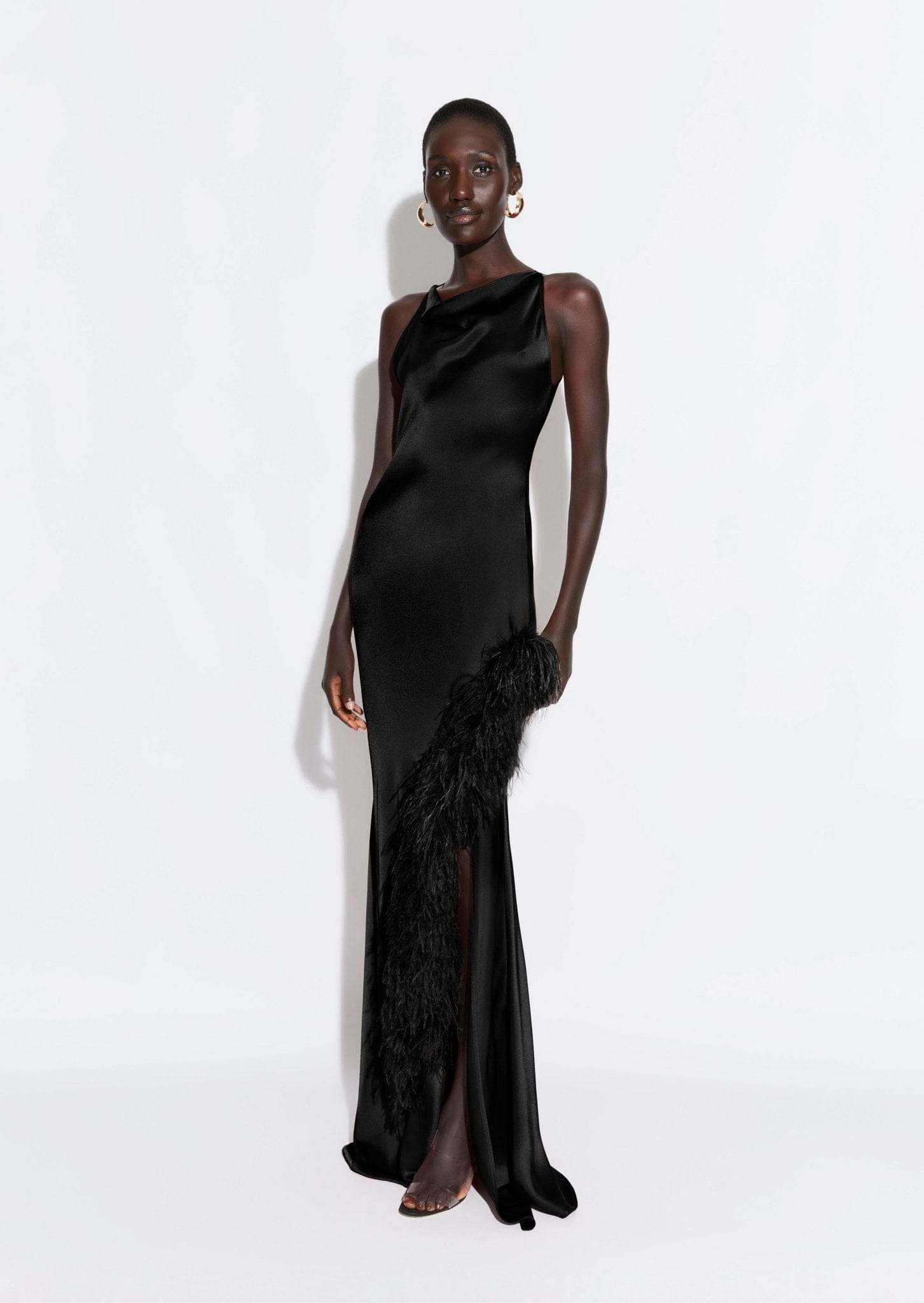 Satin Halter Gown With Feathers - 2