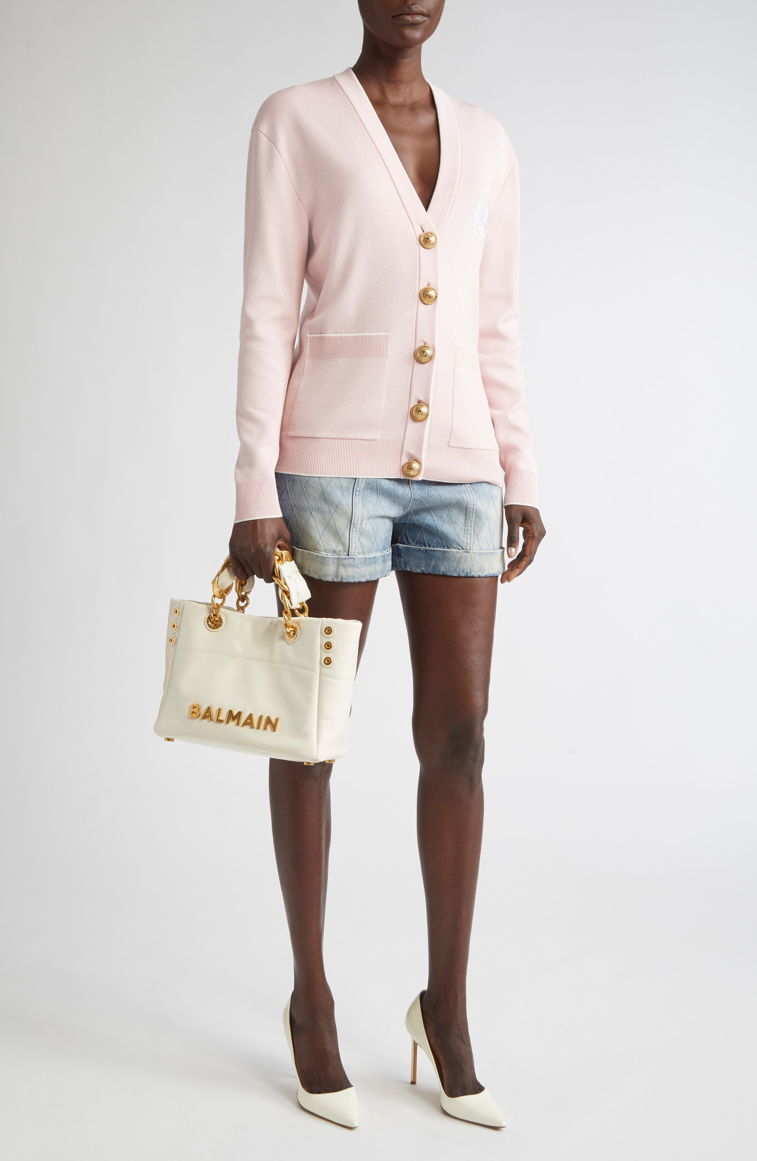 Balmain Logo Emblem Silk & Cotton Cardigan in Oin Pale Pink/White at Nordstrom - 2