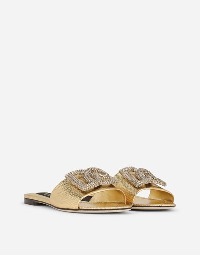 Dolce & Gabbana Foiled iguana-print calfskin sliders with rhinestone-detailed DG logo outlook