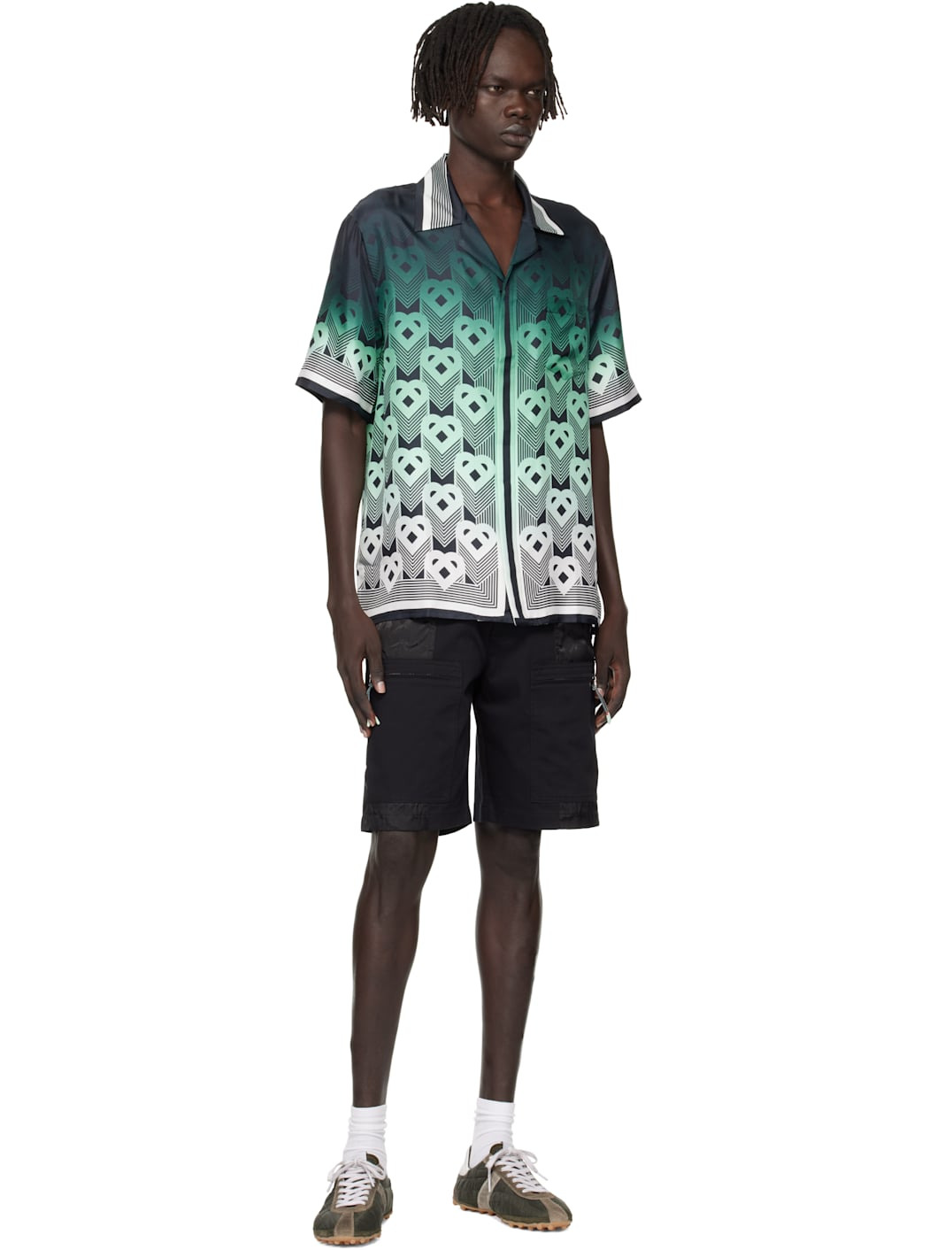 Green & Black Gradient Monogram Short Sleeve Silk Shirt - 4