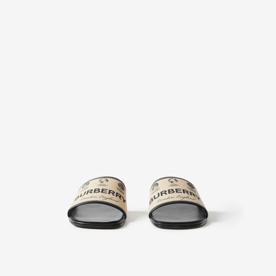 Burberry Label Print Gabardine and Leather Slides outlook