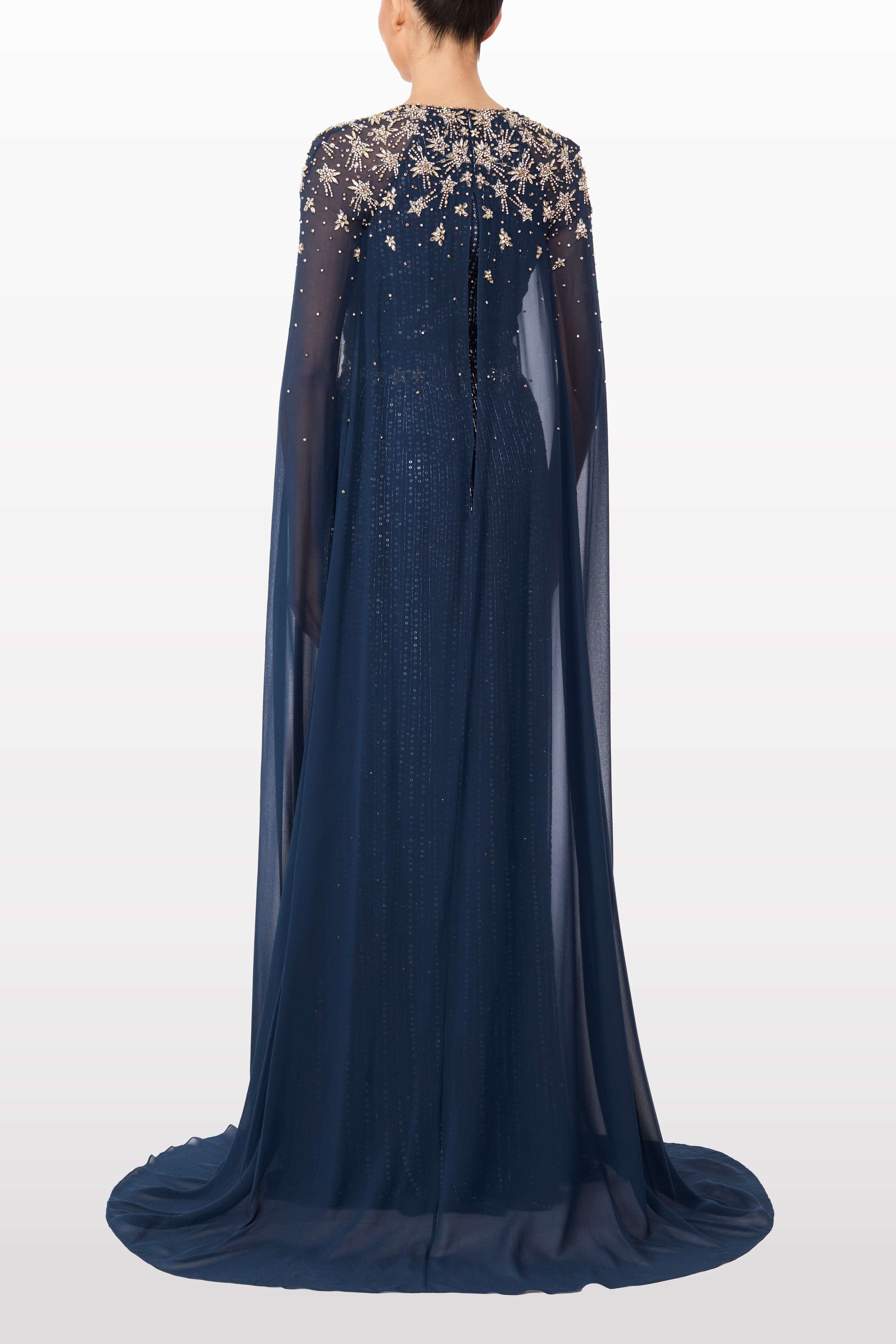 Jenny Packham Moonlight star-embellished cape-design maxi dress in Blackthorne Blue at Nordstrom - 3