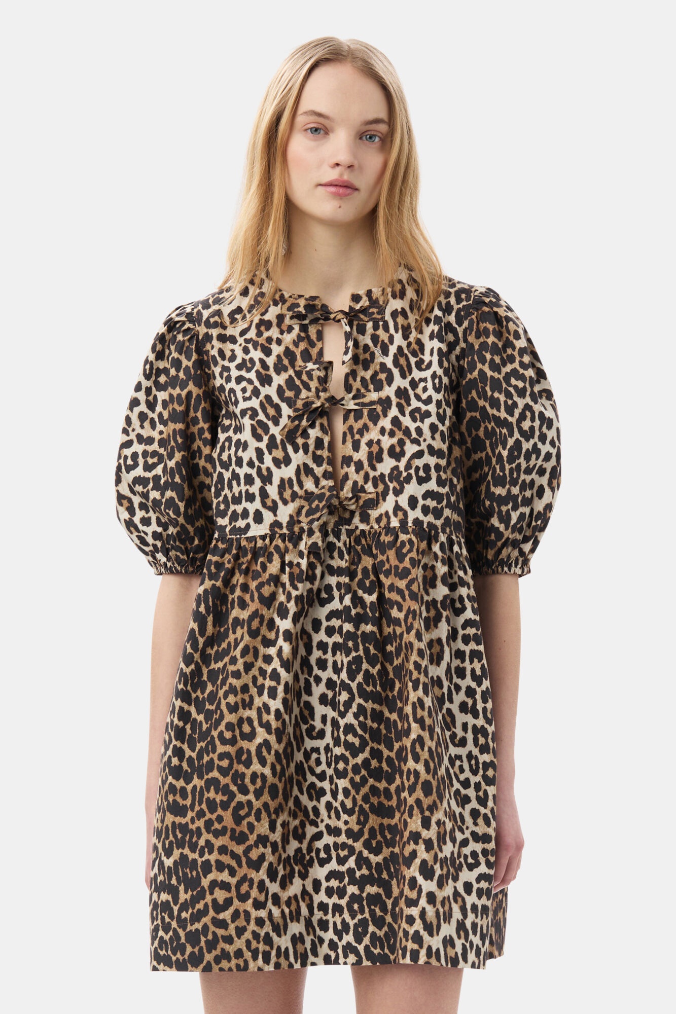 LEOPARD PRINTED COTTON TIE STRING MINI DRESS - 3