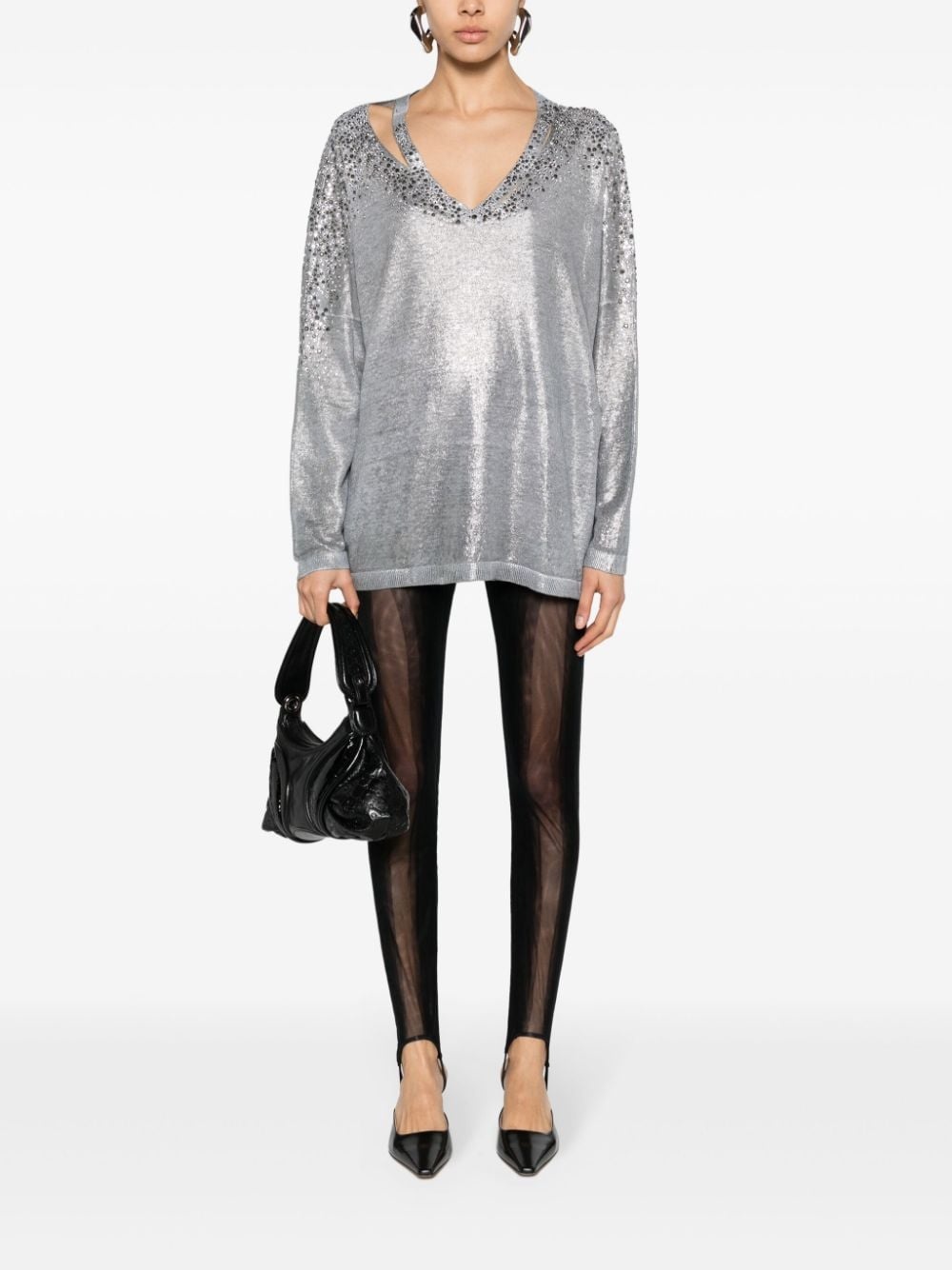 crystal-embellished V-neck jumper - 2