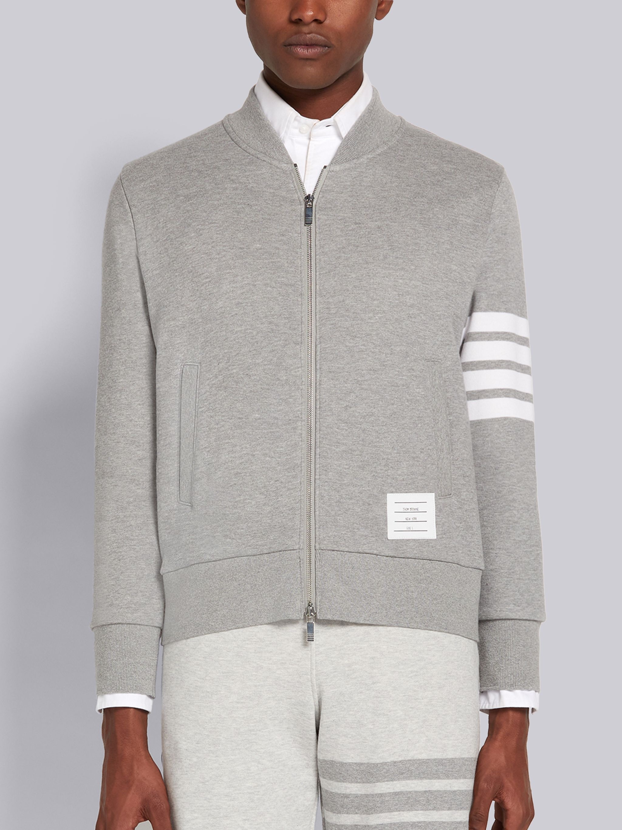 Light Grey Loopback Terry Engineered 4-Bar Bomber Jacket - 1