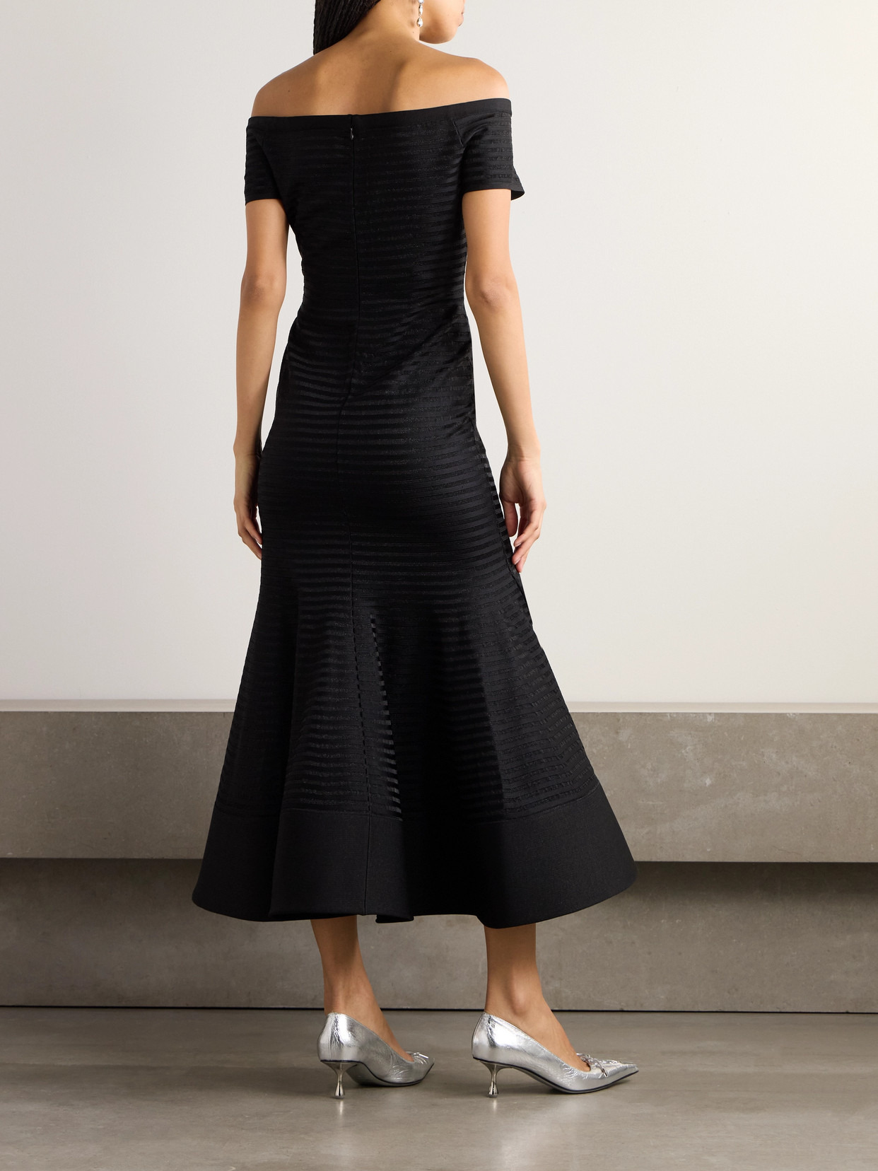 Off-the-shoulder Striped Metallic Knitted Midi Dress - 3