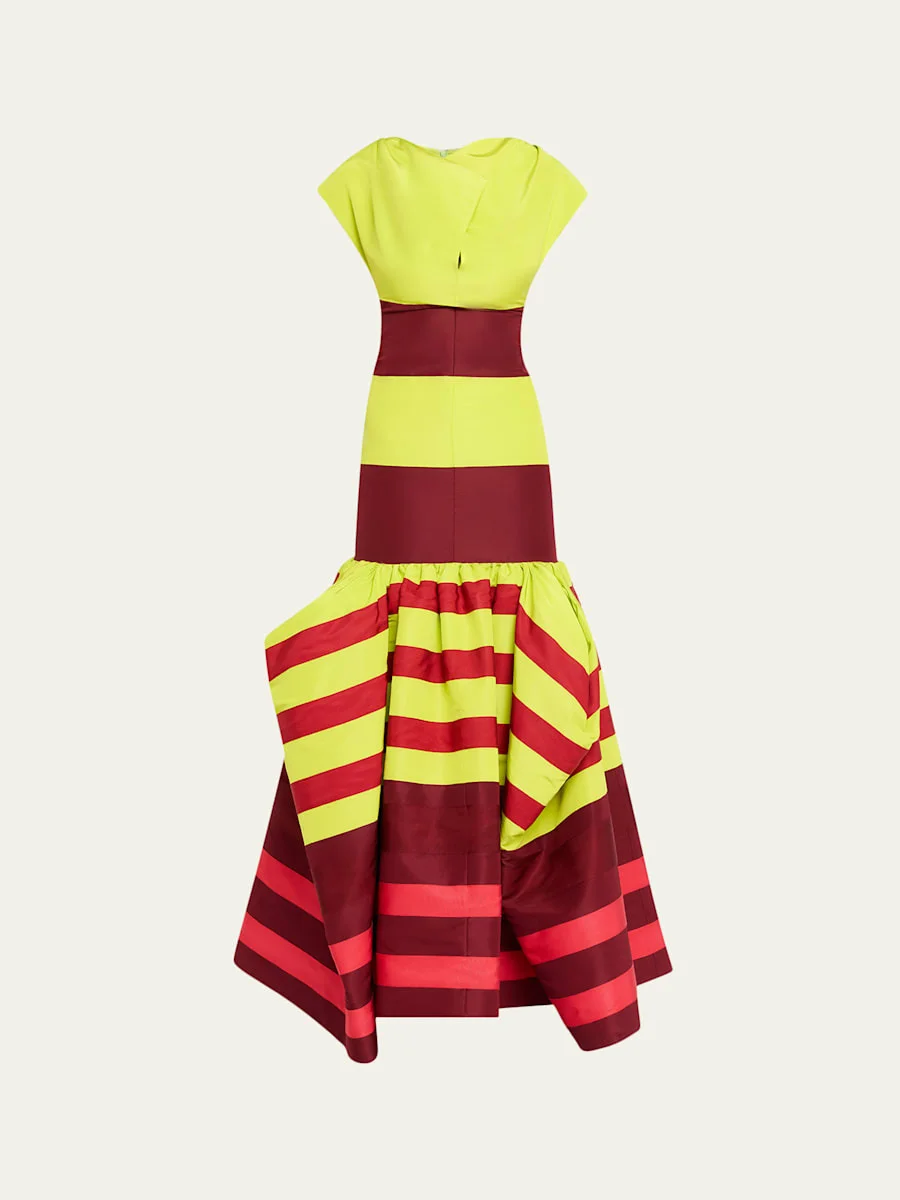 Colorblock Striped Silk Cap-Sleeve Mermaid Gown - 1