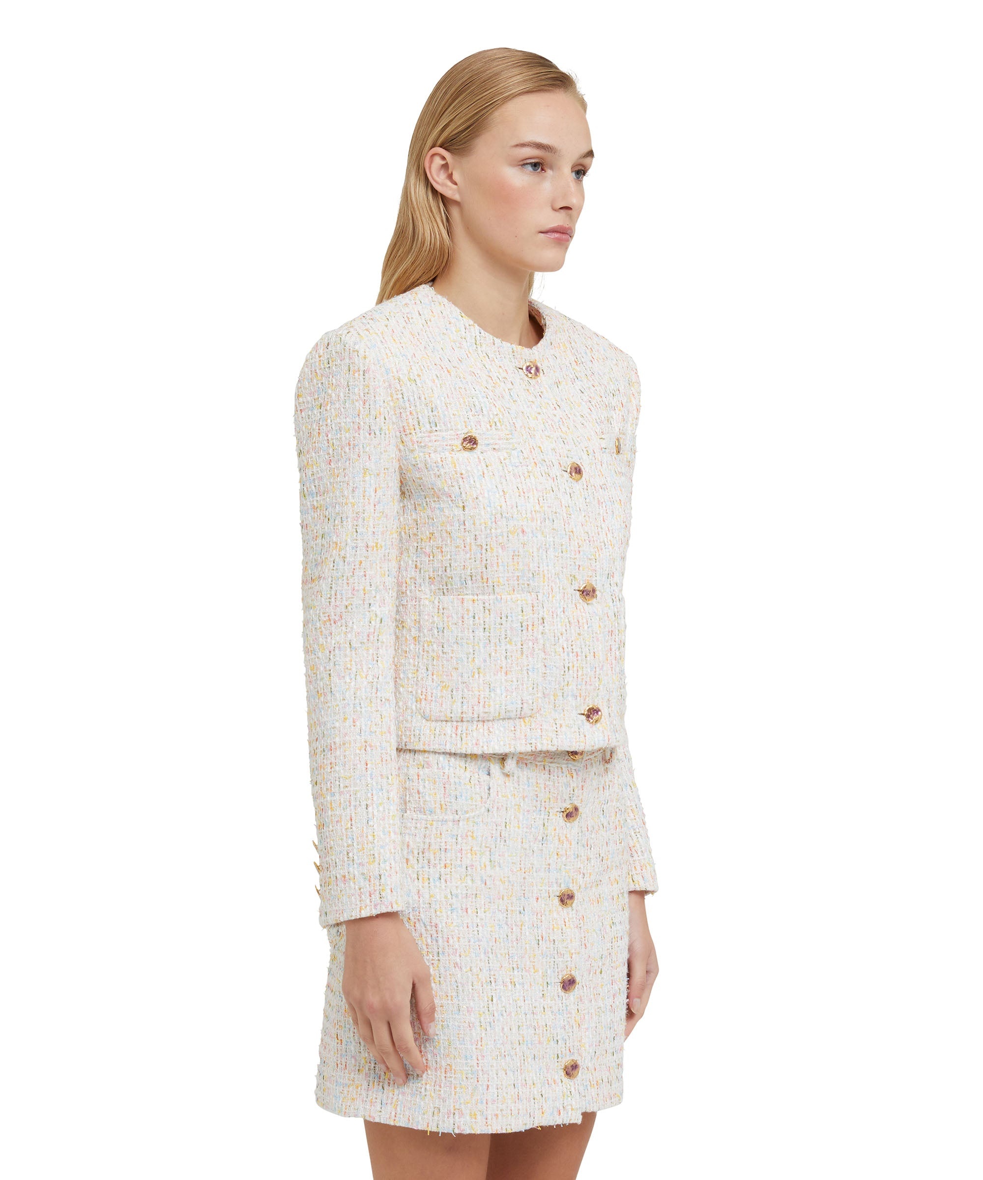 Multicolor tweed short jacket with  pockets - 4