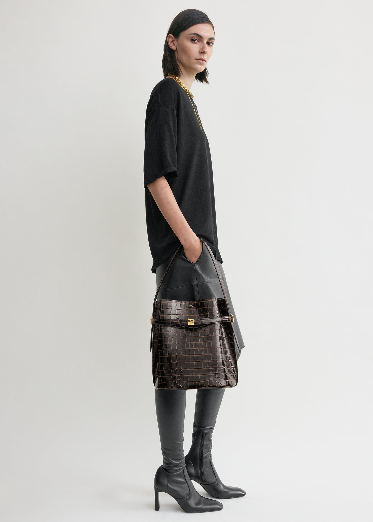 Belted croco-embossed bucket bag dark brown - 2