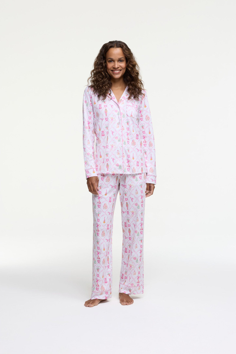 LoveShackFancy LoveShackFancy x Roller Rabbit Sugarplum Lattice Long Sleeve Polo Pajamas outlook