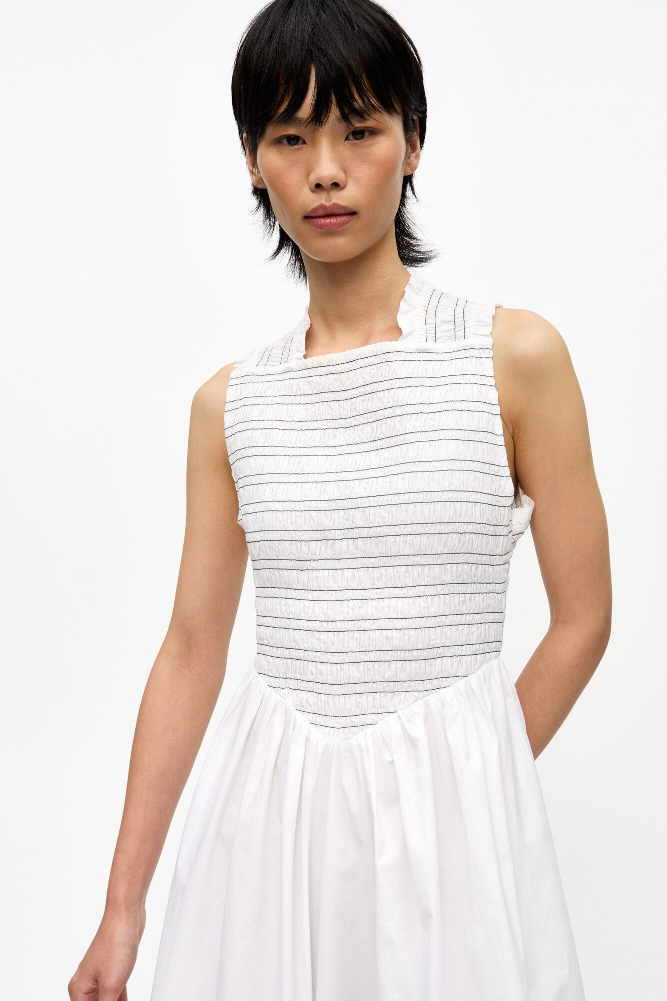 WHITE WASHED STRETCH COTTON SMOCK MIDI DRESS - 5