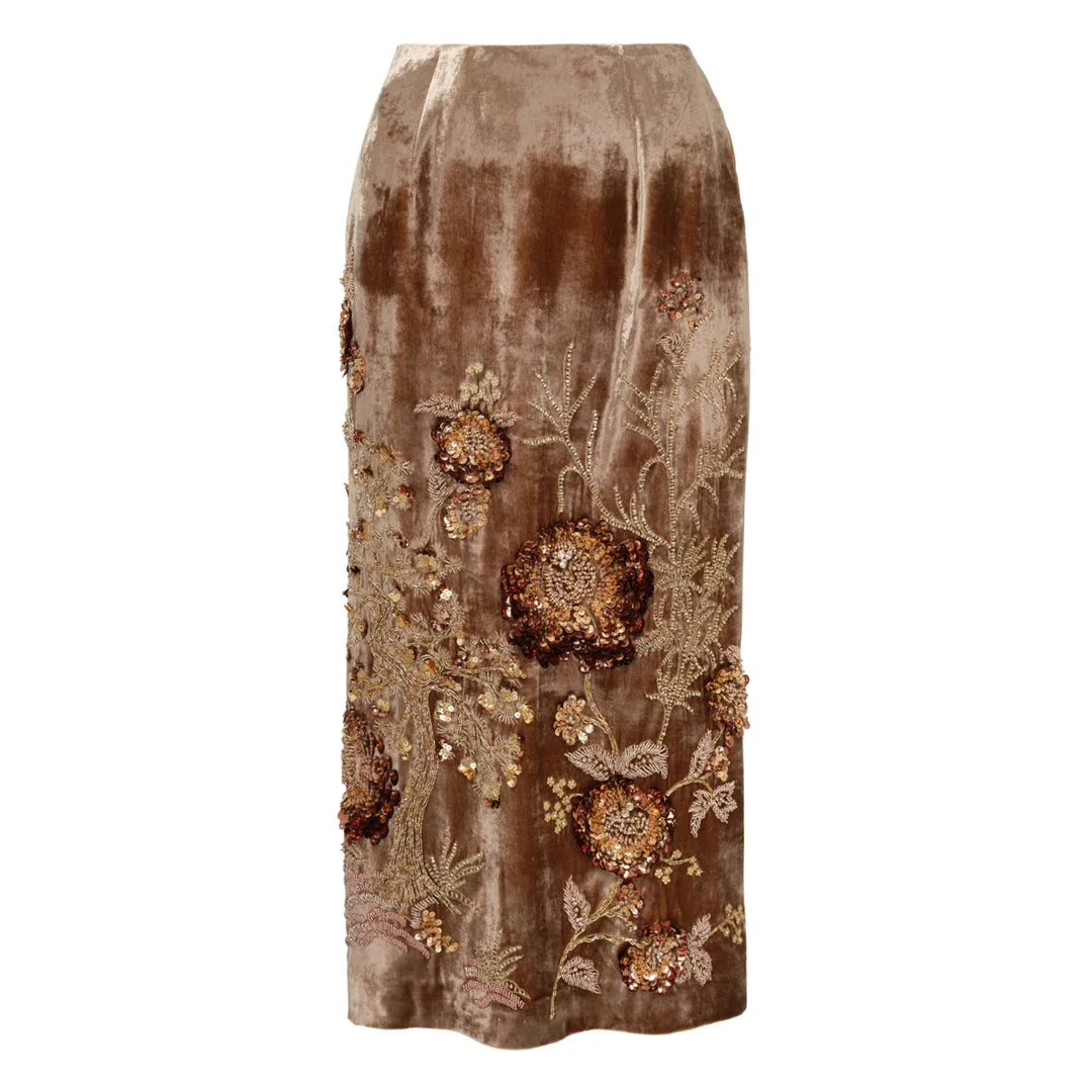 Embellished Velvet Slim Midi Skirt - 1