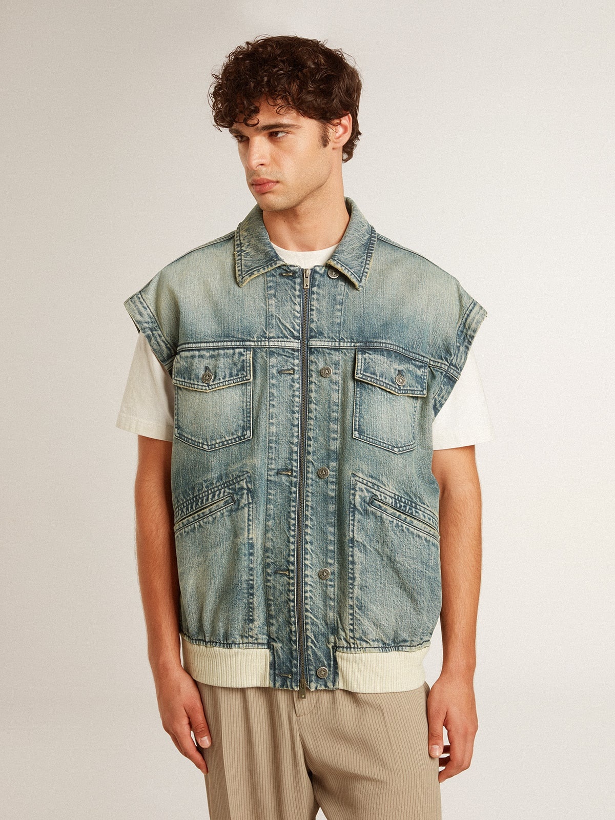 Men's washed denim jacket with wool blend ribbing - 6