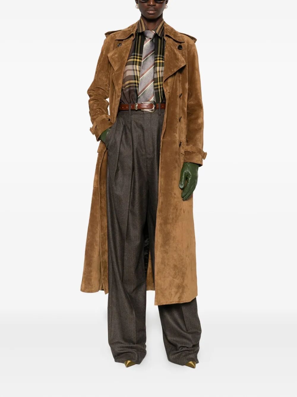 Long Double-Breasted Suede Trench Coat - 2