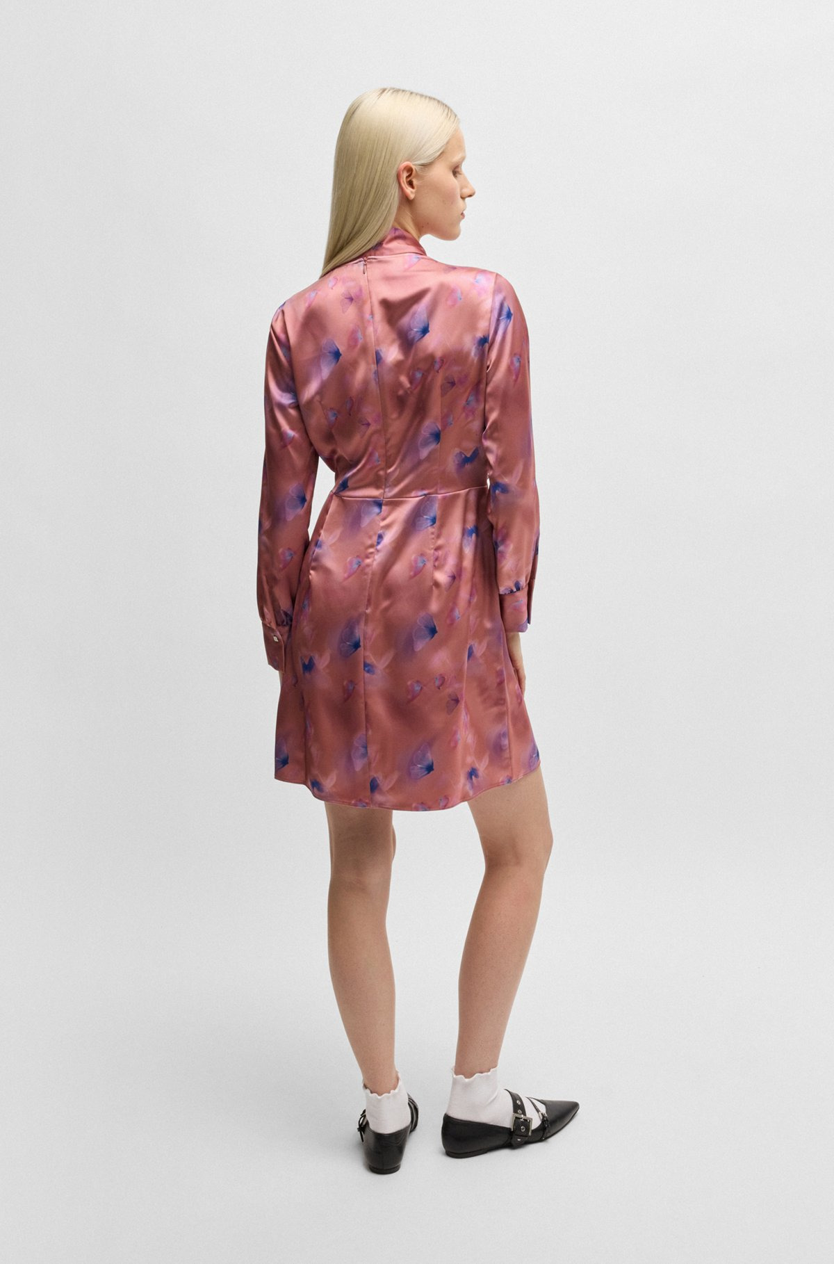 WRAP-FRONT DRESS WITH BUTTERFLY PRINT AND BUTTON CUFFS - 4