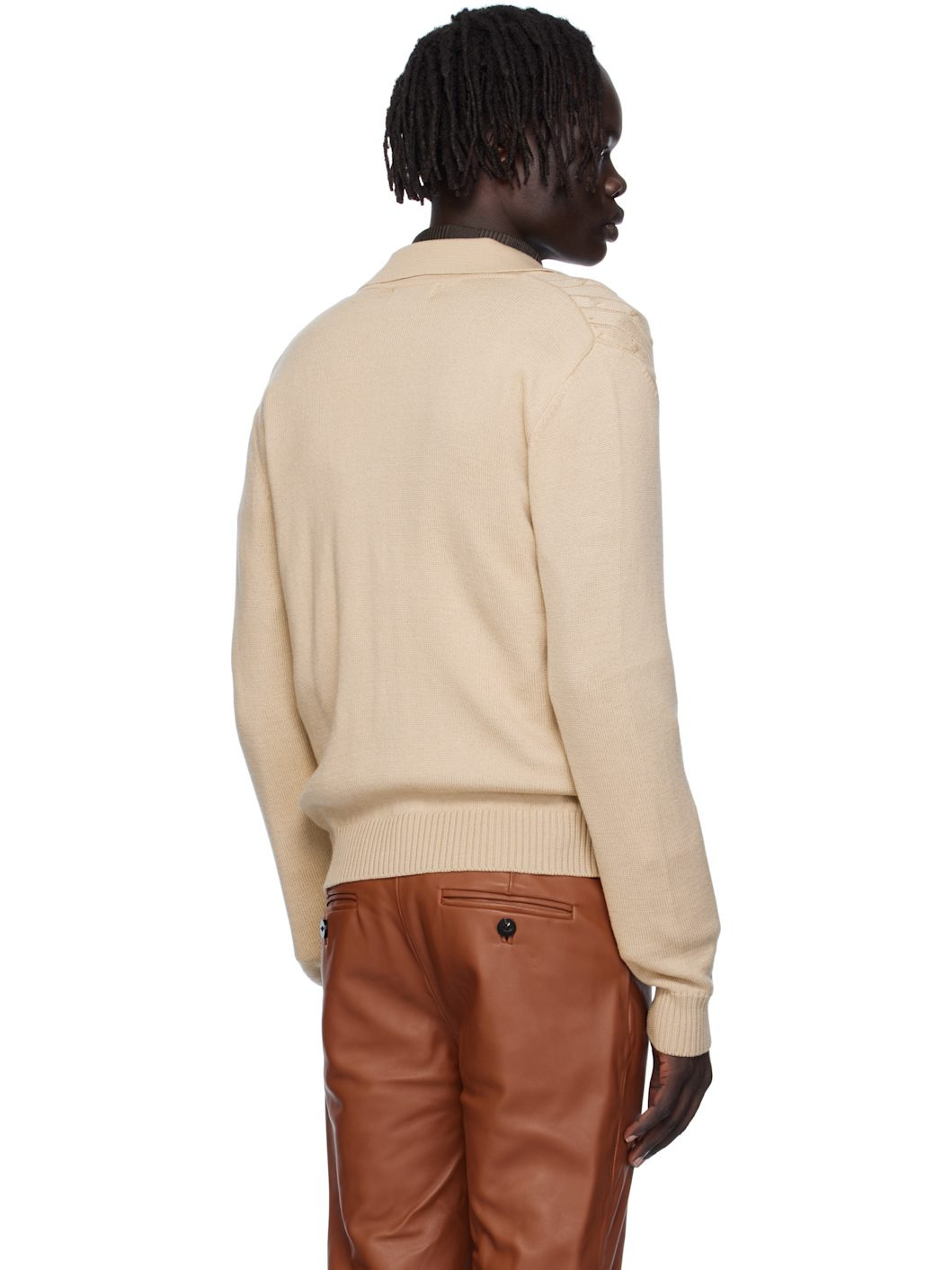 Beige Cable-Knit Polo Cardigan - 3