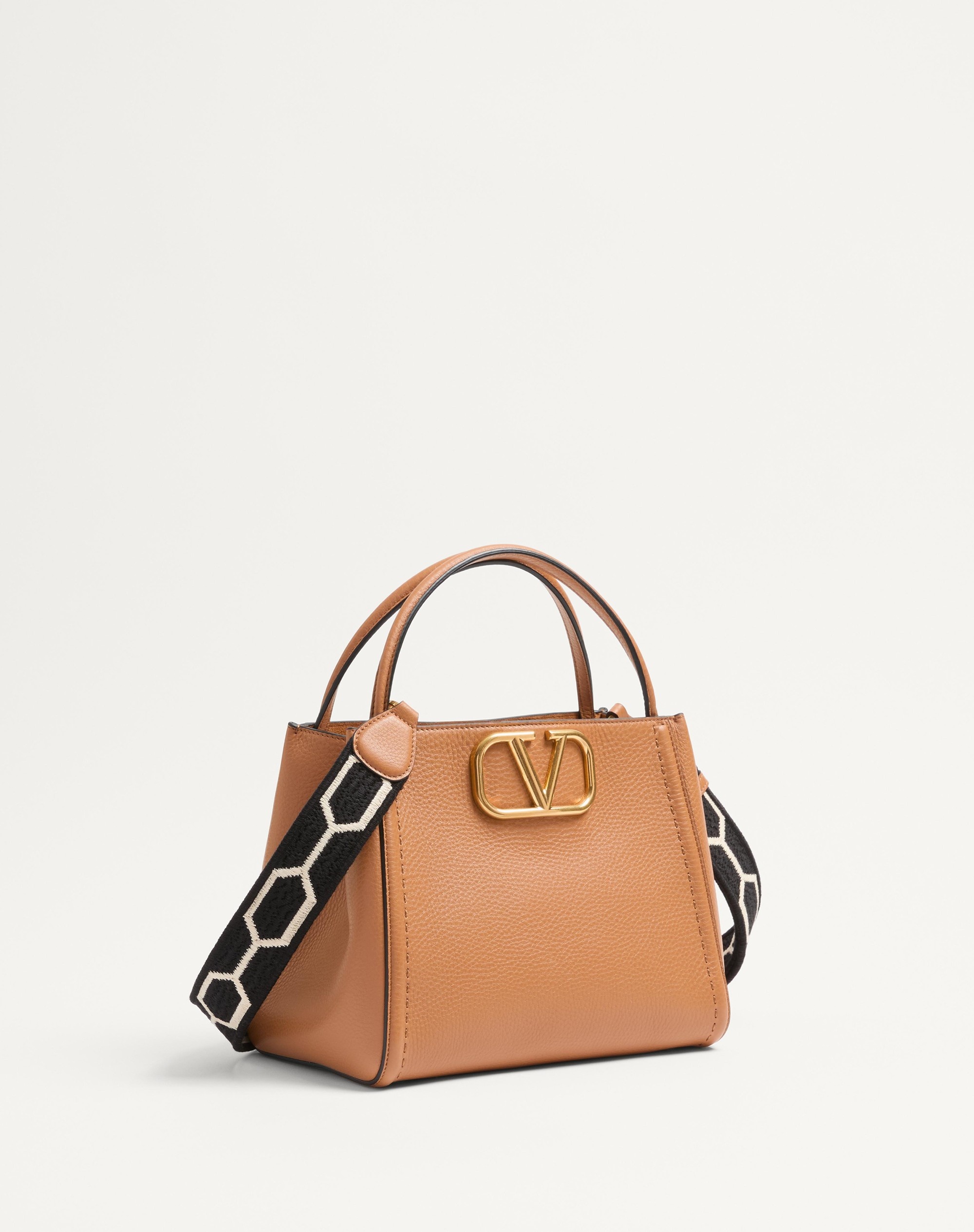 VALENTINO GARAVANI ALLTIME MEDIUM HANDBAG IN GRAINY CALFSKIN WITH JACQUARD RIBBON SHOULDER STRAP - 3