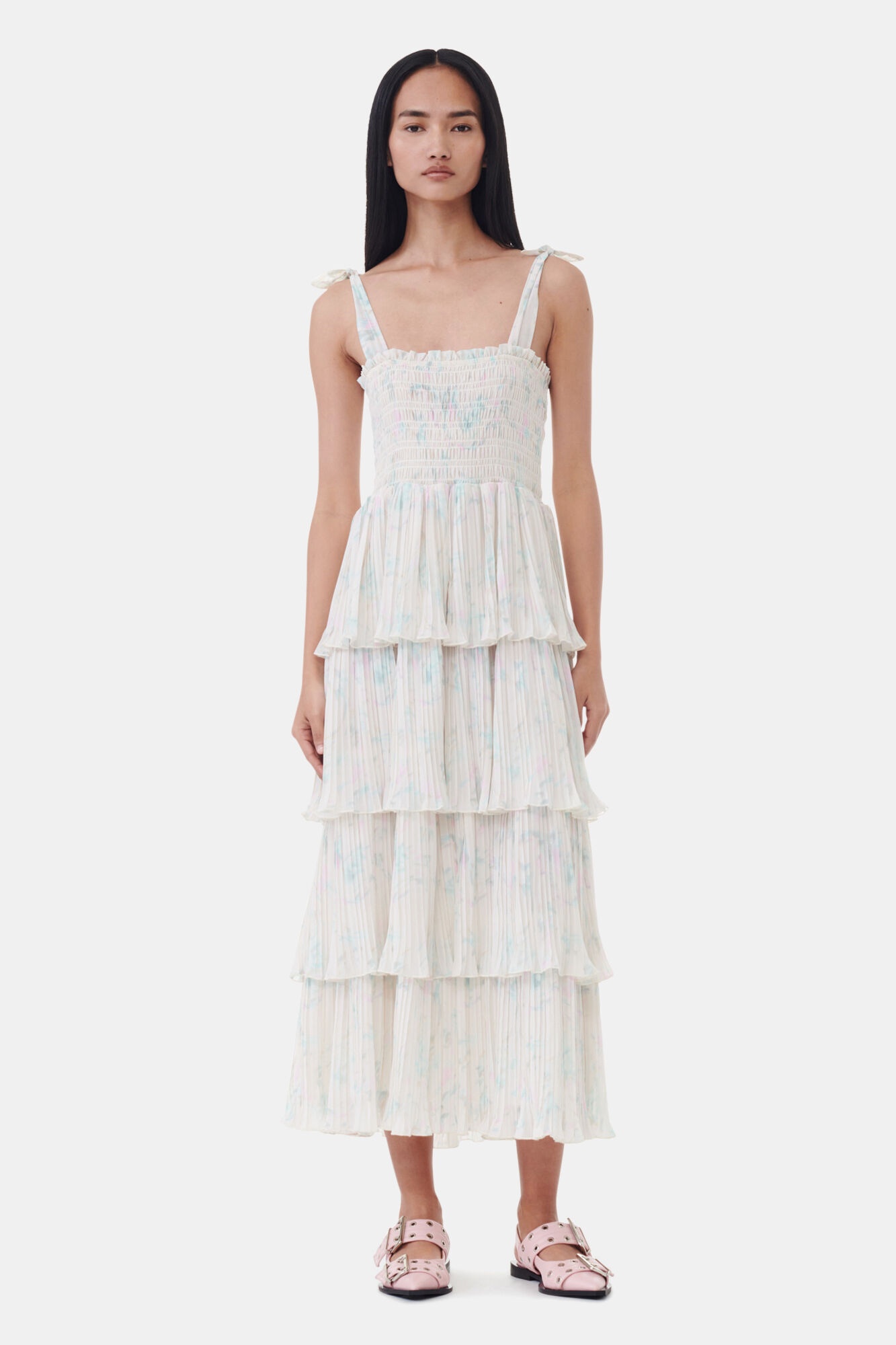 FLORAL PRINTED PLEATED GEORGETTE STRAP SMOCK MIDI DRESS - 2