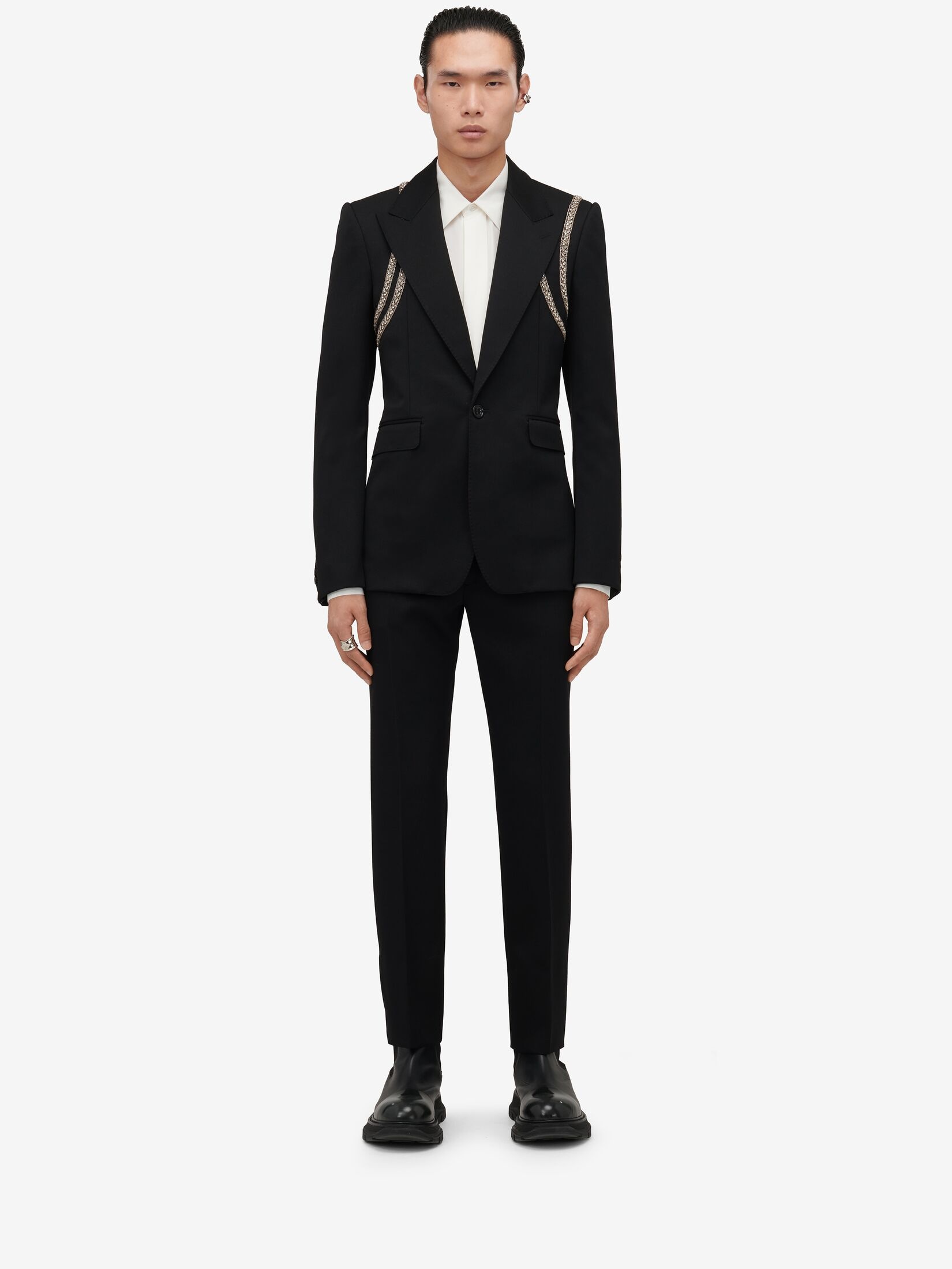 Men's Embroidered Harness Single-breasted Jacket in Black - 2