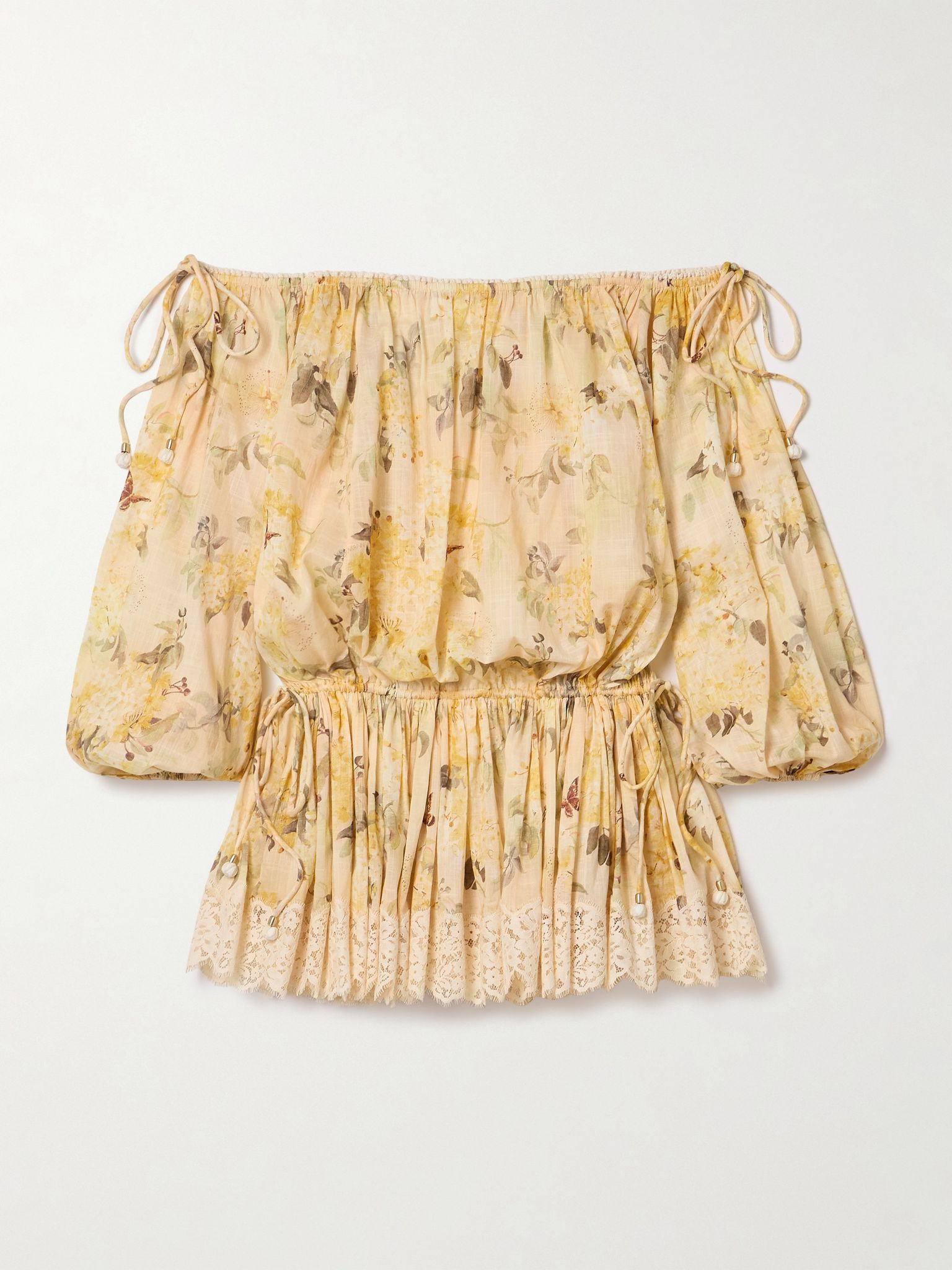 Cascadian off-the-shoulder lace-trimmed printed cotton-voile mini dress Cream - 1