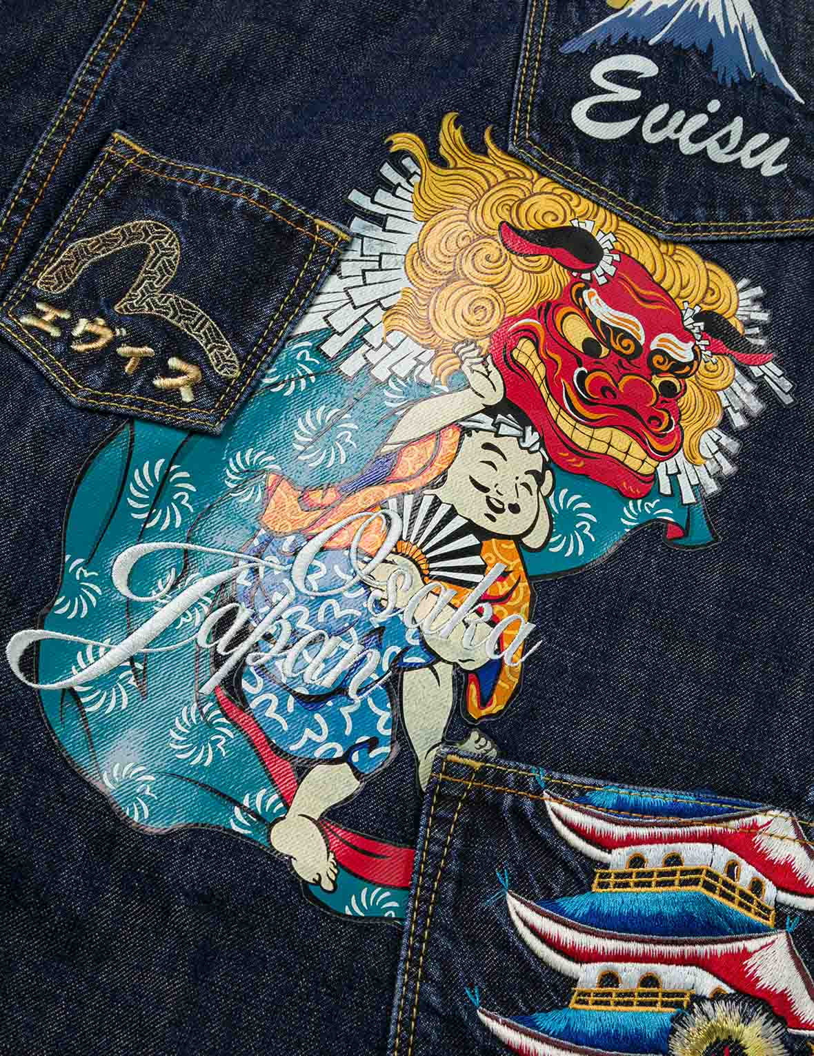 Washed Multi-Pocket with Lion Dance Print Relax Fit Denim Jacket - 5
