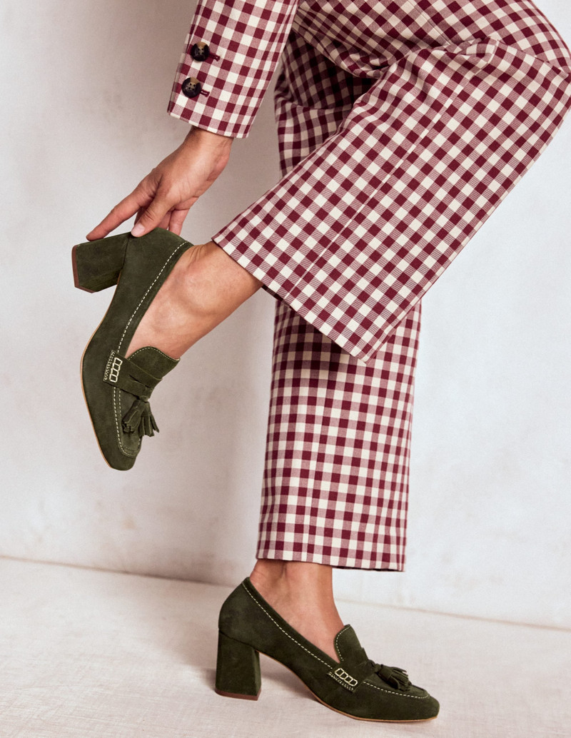 BODEN Sol Block Heeled Penny Loafers-Dark Moss outlook