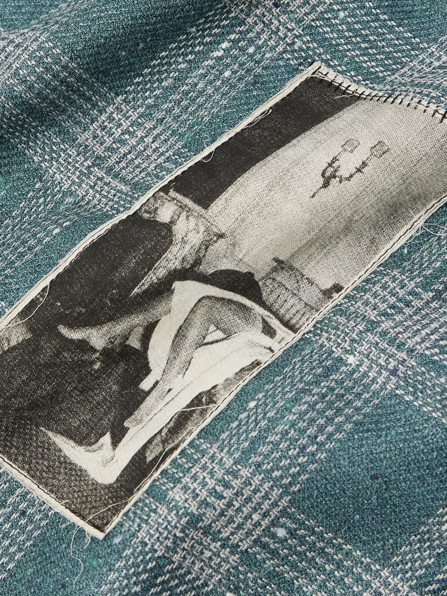 Button-Down Collar Frayed Appliquéd Printed Wool and Silk-Blend Flannel Shirt Blue - 4