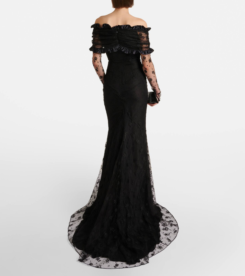 Bow-detail ruffled off-shoulder lace gown 3