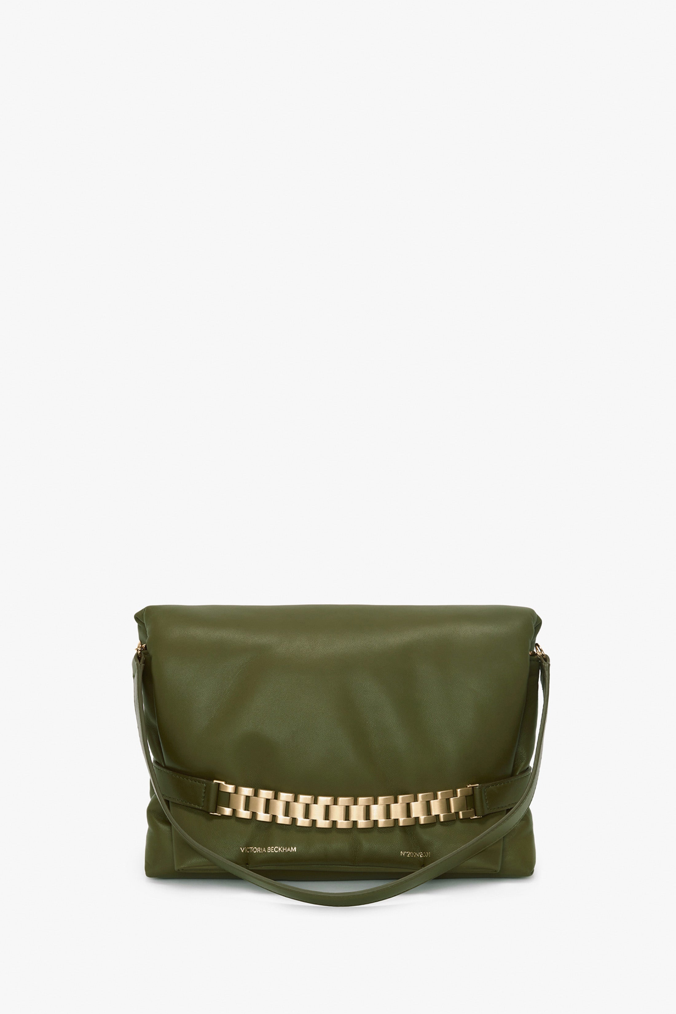 Puffy Chain Pouch With Strap In Khaki Leather - 3