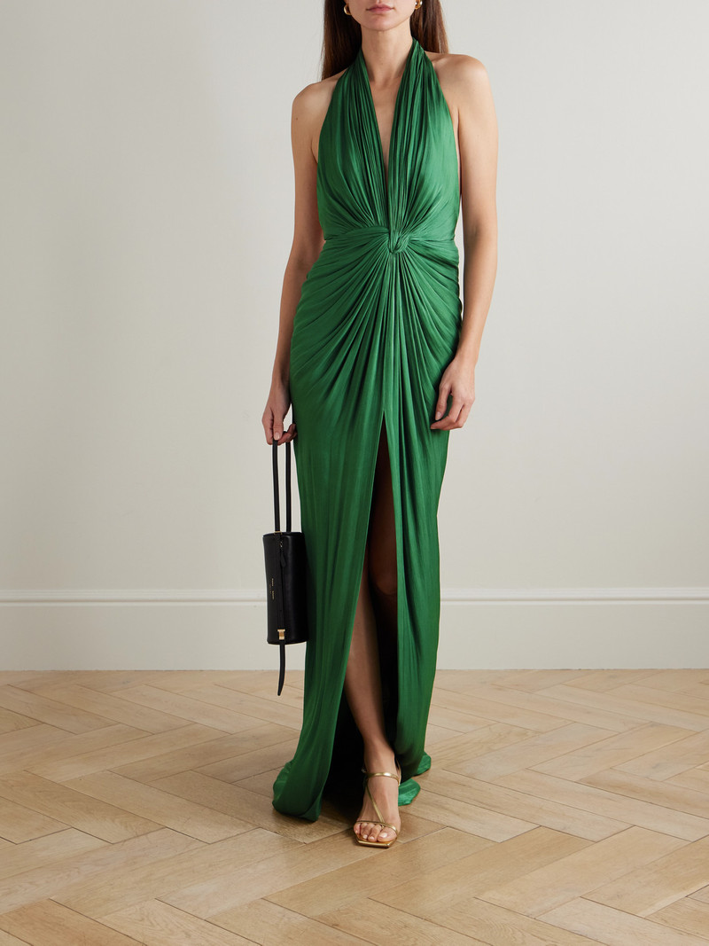 COSTARELLOS Twist-front Metallic Georgette Halterneck Gown outlook