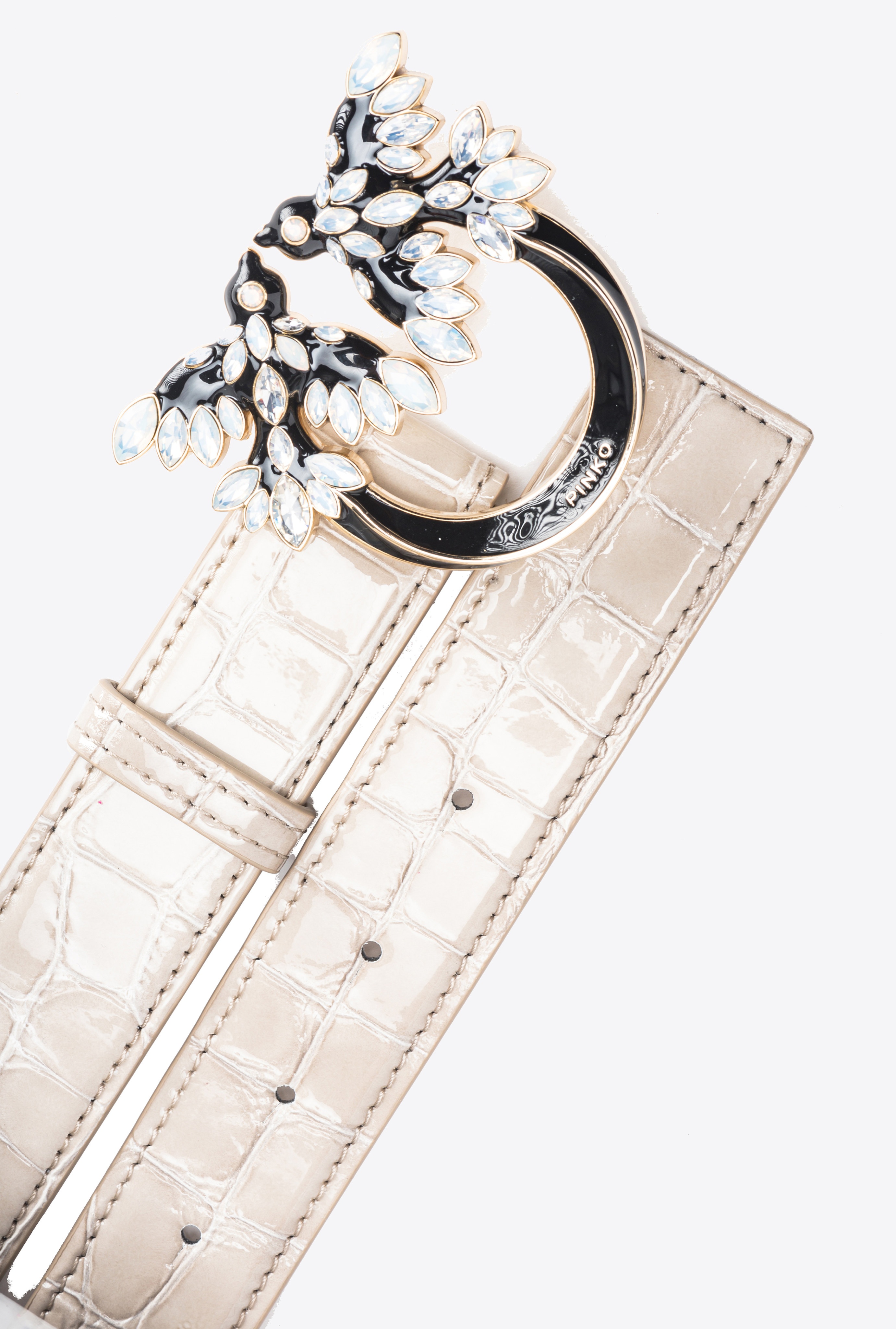 PINKO GALLERIA 3CM SHINY CROC-PRINT BELT WITH LOVE BIRDS BUCKLE - 3