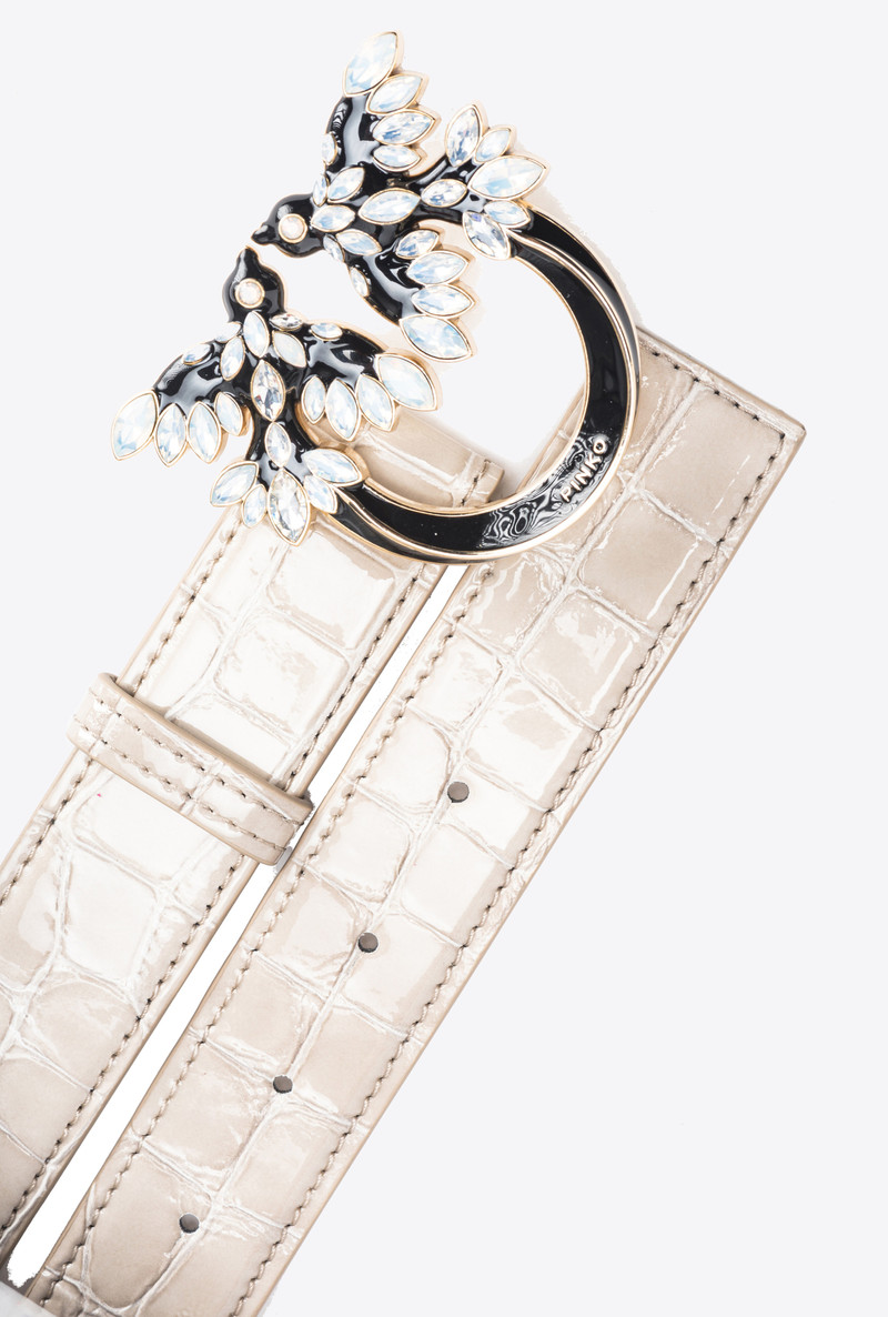 PINKO GALLERIA 3CM SHINY CROC-PRINT BELT WITH LOVE BIRDS BUCKLE 3