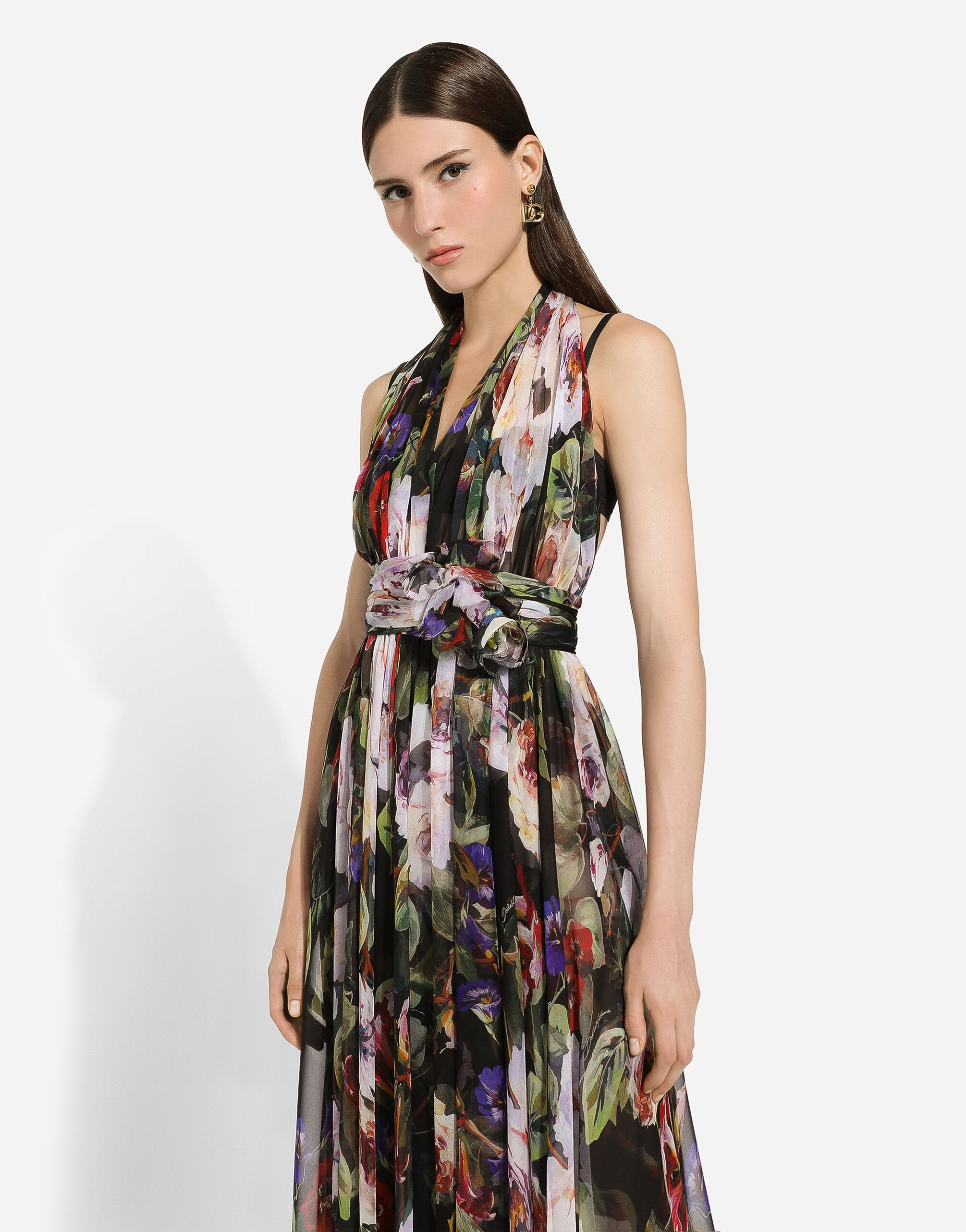 Chiffon calf-length dress with rose garden print - 4