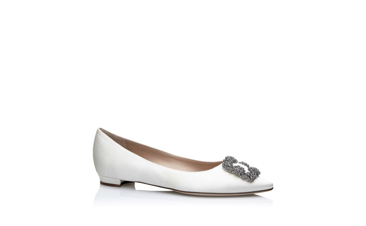 White Satin Jewel Buckle Flats - 3
