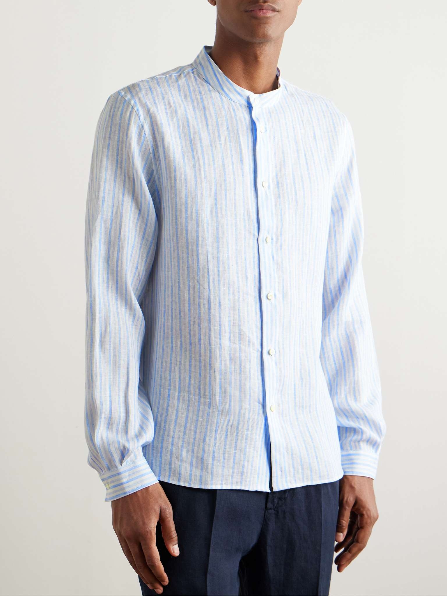 Grandad Collar Striped Linen Shirt - 3