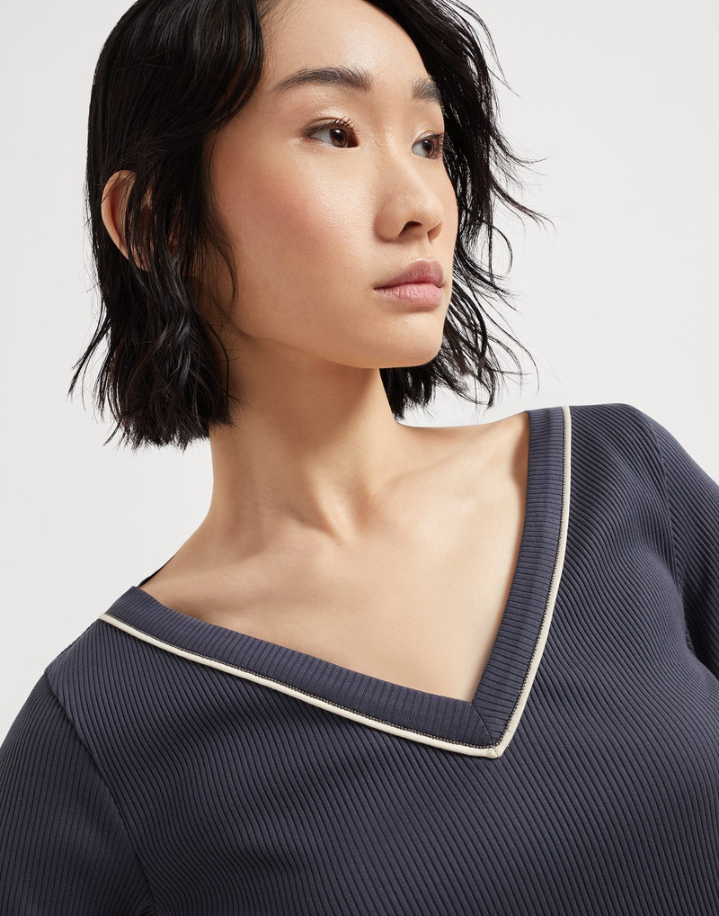 Comfort cotton ribbed jersey T-shirt with shiny piping 3