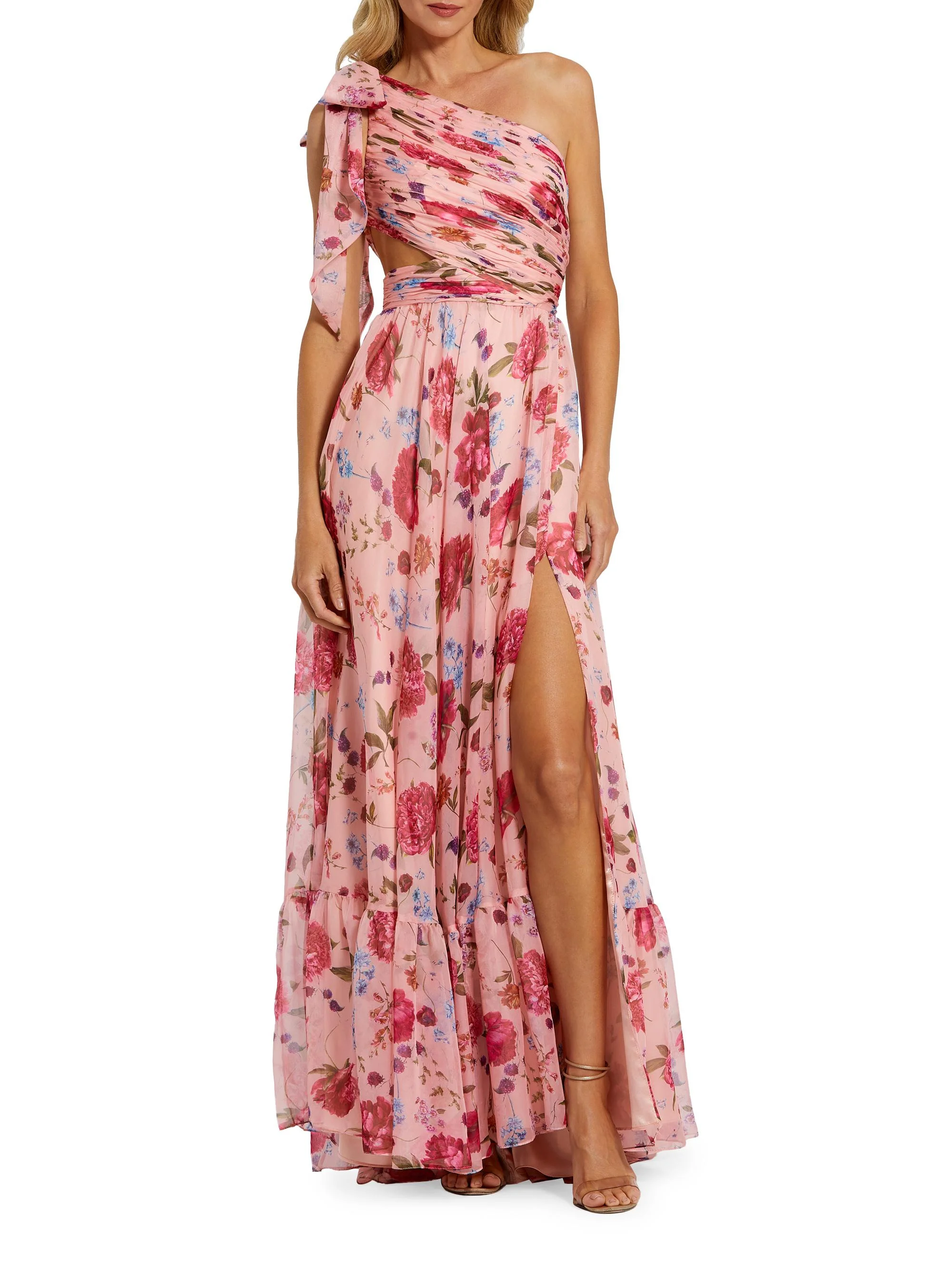 Women's Floral Chiffon Cut-Out One-Shoulder Gown - Blush Multi - 1
