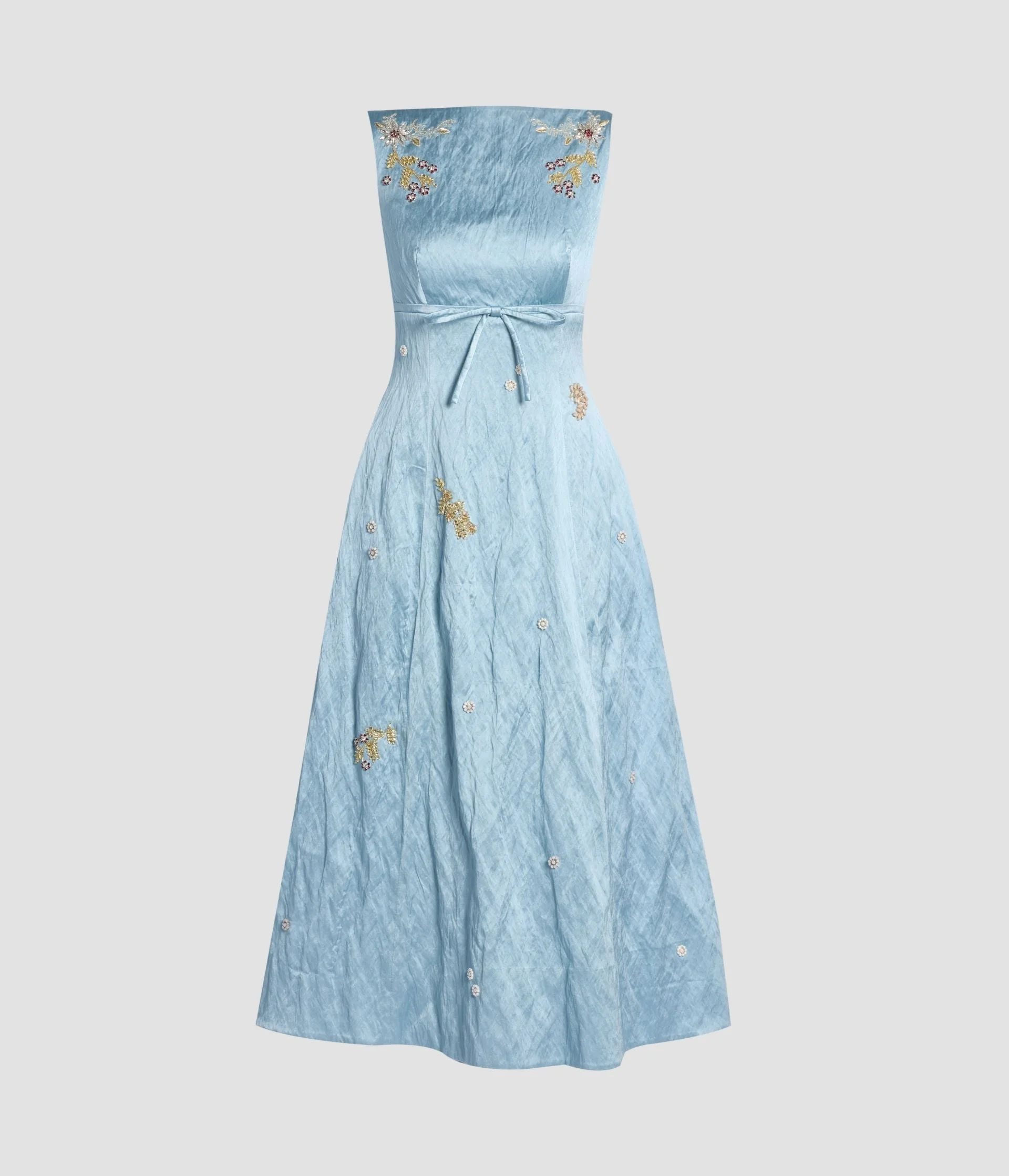 EMBROIDERED TEXTURED SATIN SLEEVELESS MIDI DRESS - 1