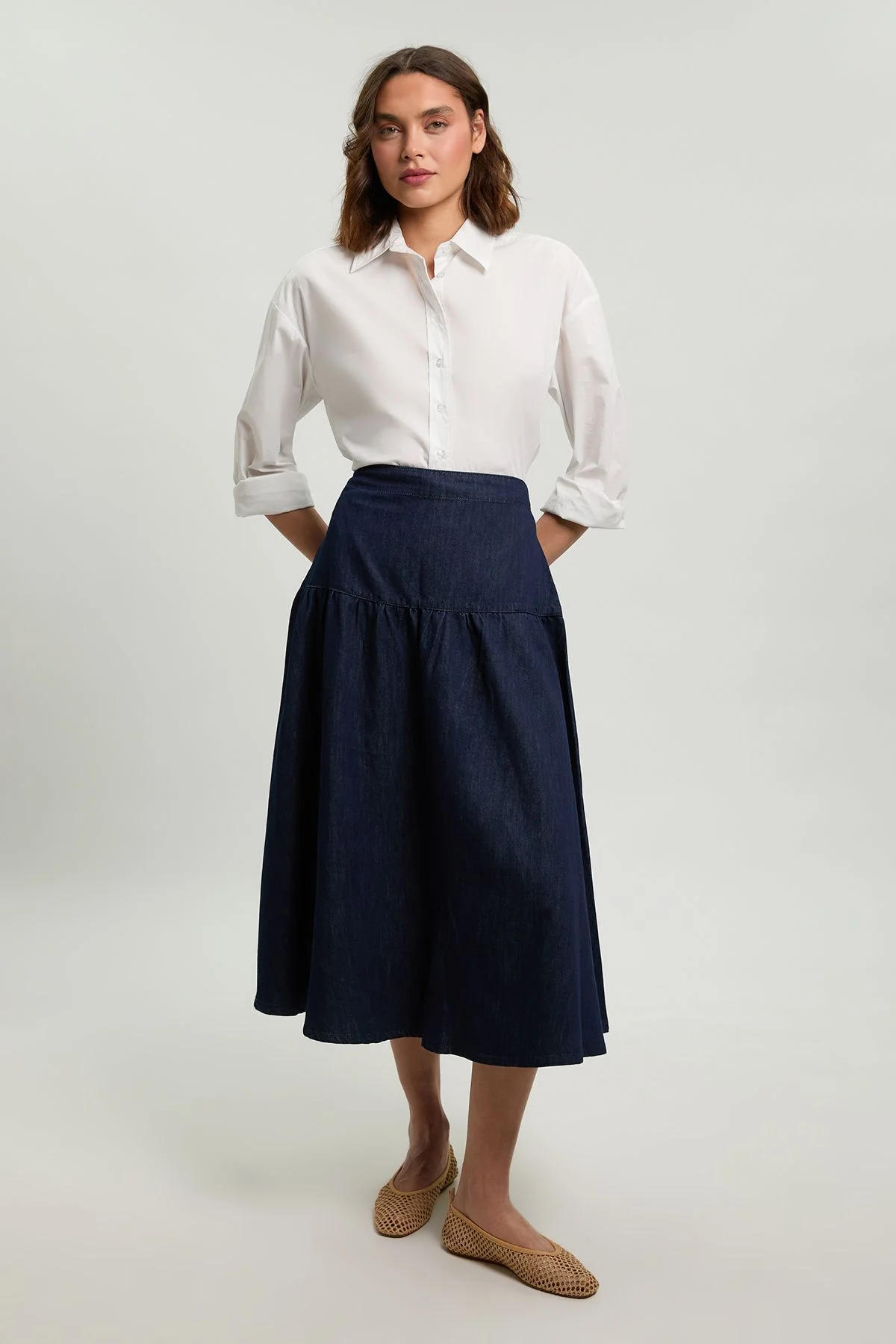 Denim Pleated Full Midi Skirt - 1