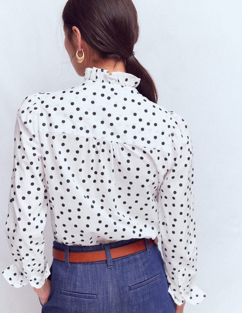 Isabel Ruffle Cotton Shirt-Navy and Ivory, Painted Dot 4