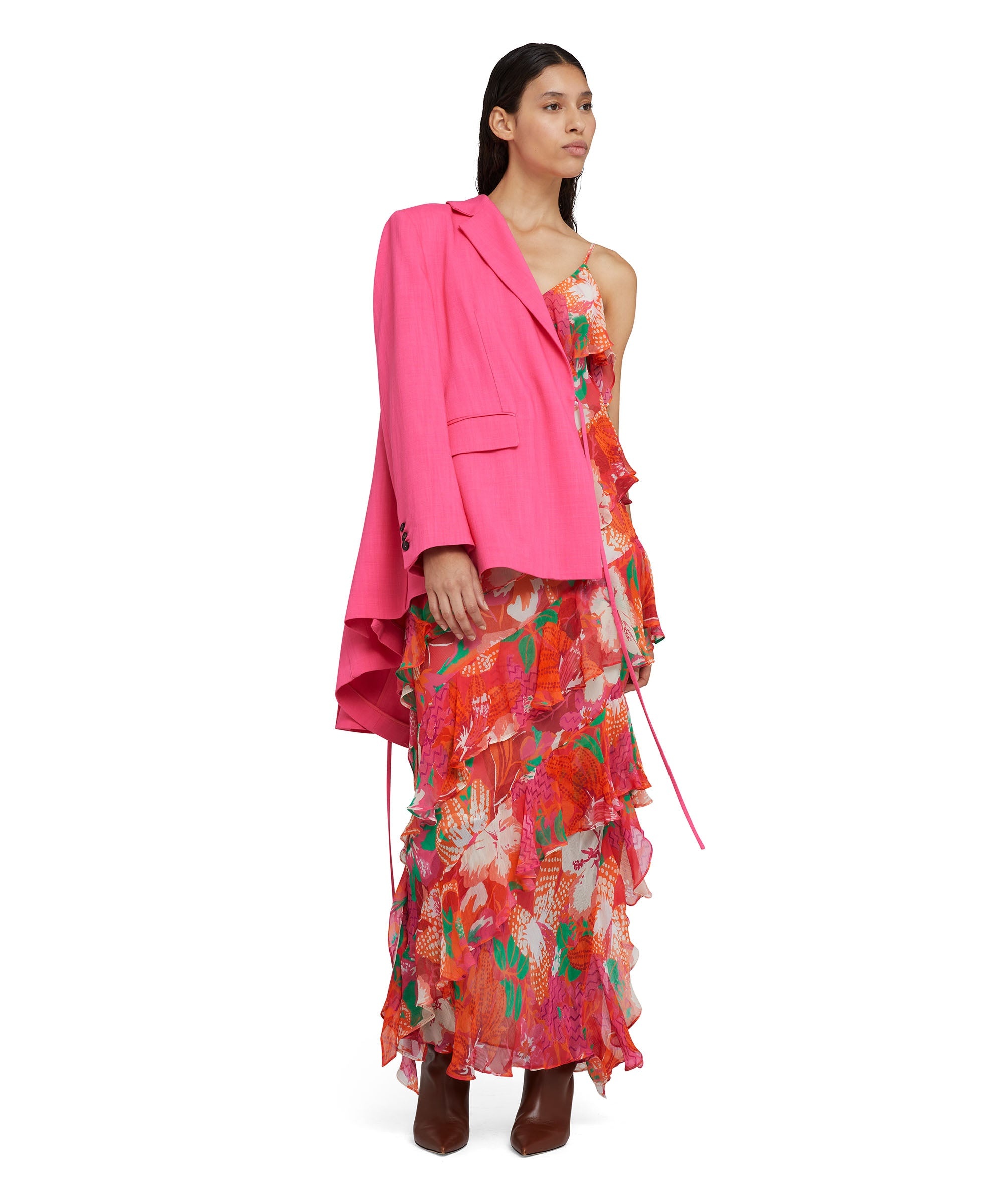 Long dress with ruffles in cr&ecirc;pe viscose with "Tropical" print - 4
