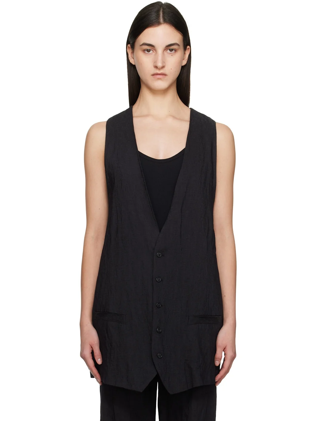 Black Crinkled Metallic Tailoring Vest - 1