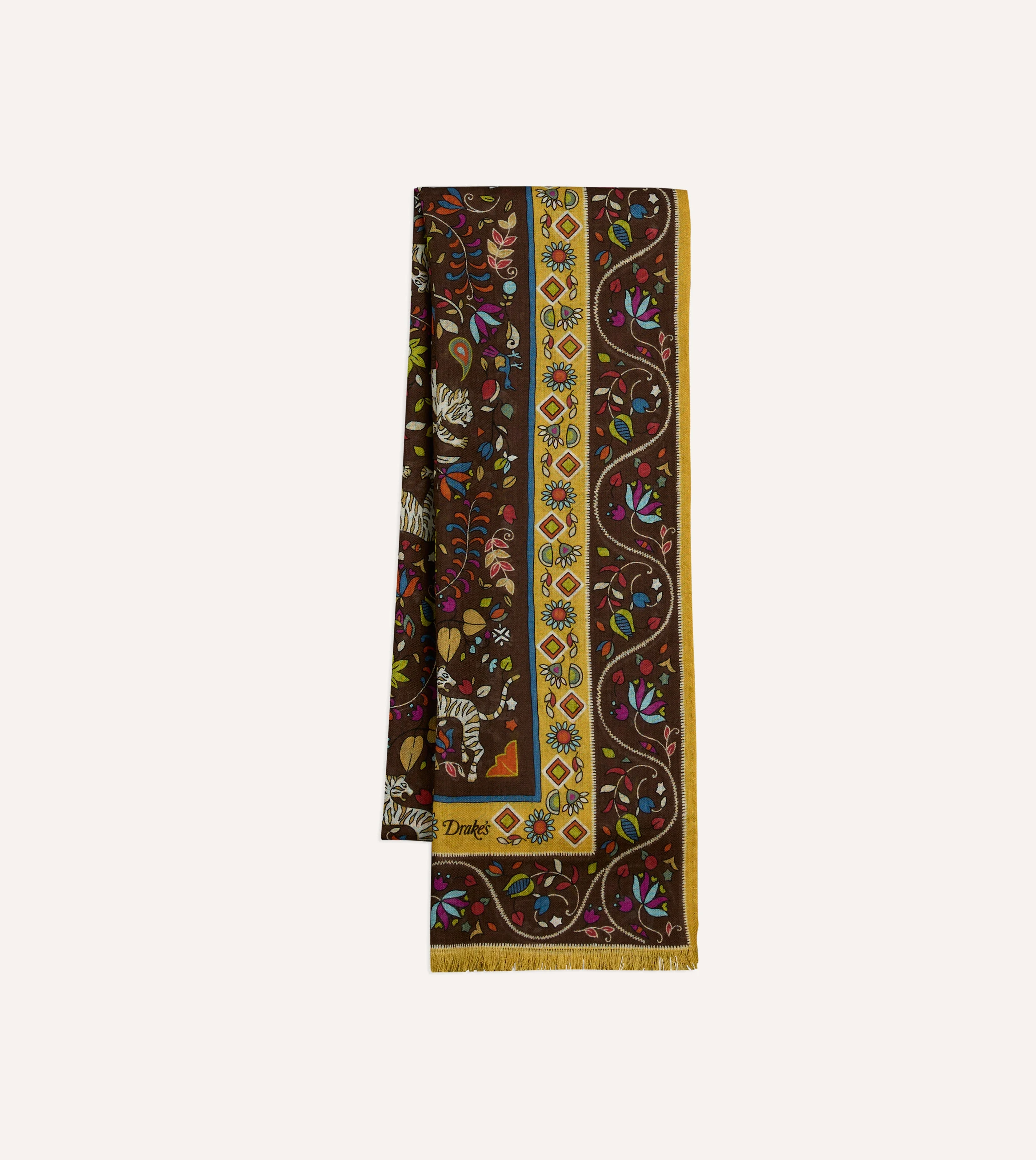 Brown Tiger Garden Print Wool Silk Scarf - 1