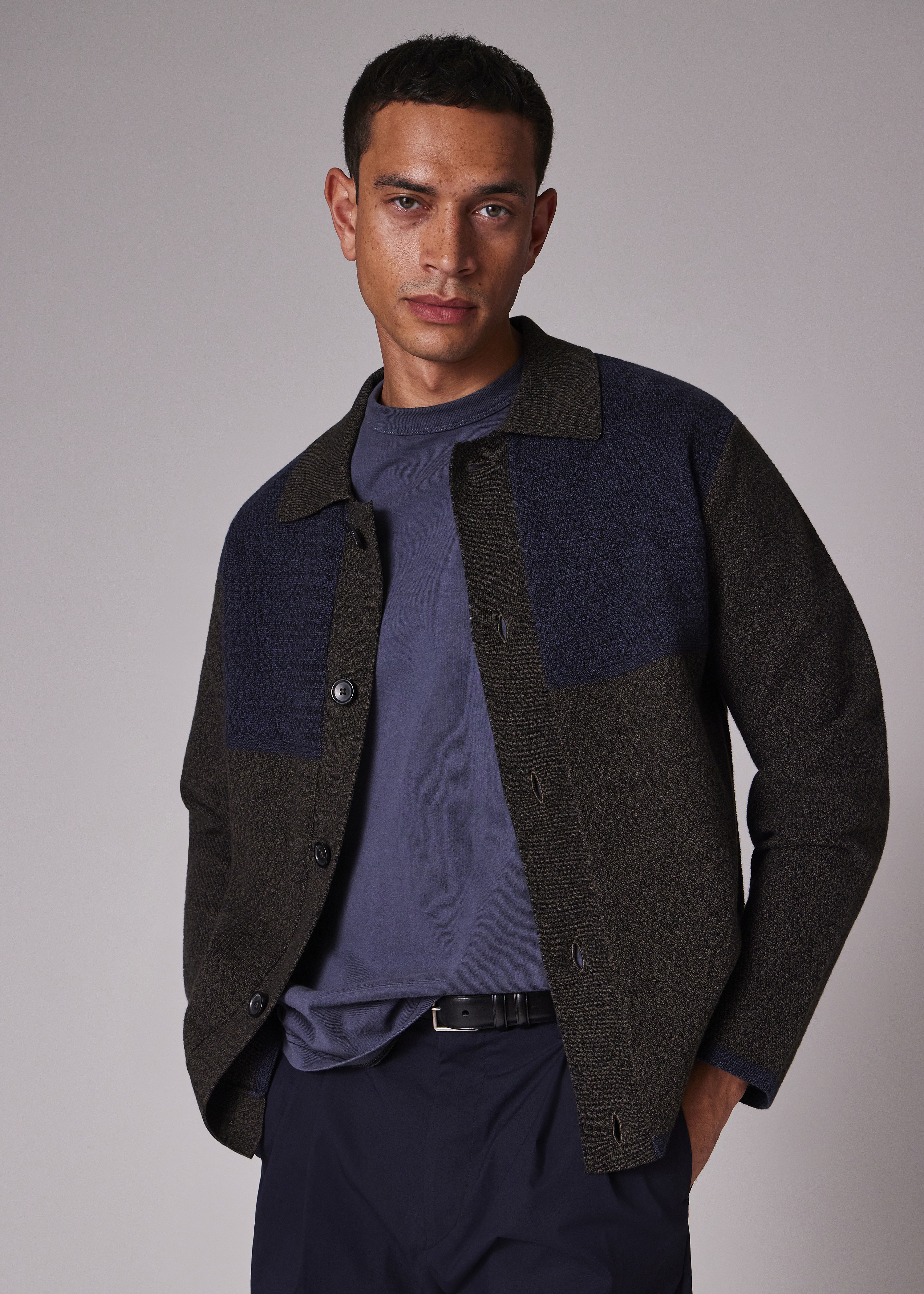 Dark Khaki and Navy Block Cotton-Wool Knit Cardigan - 4