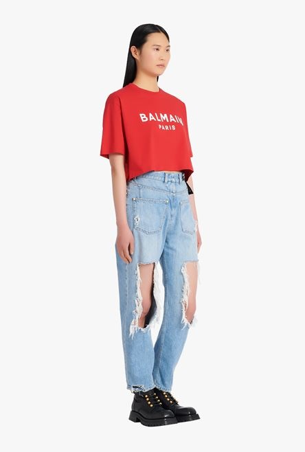 Cropped red eco-designed cotton T-shirt with white Balmain logo print - 7