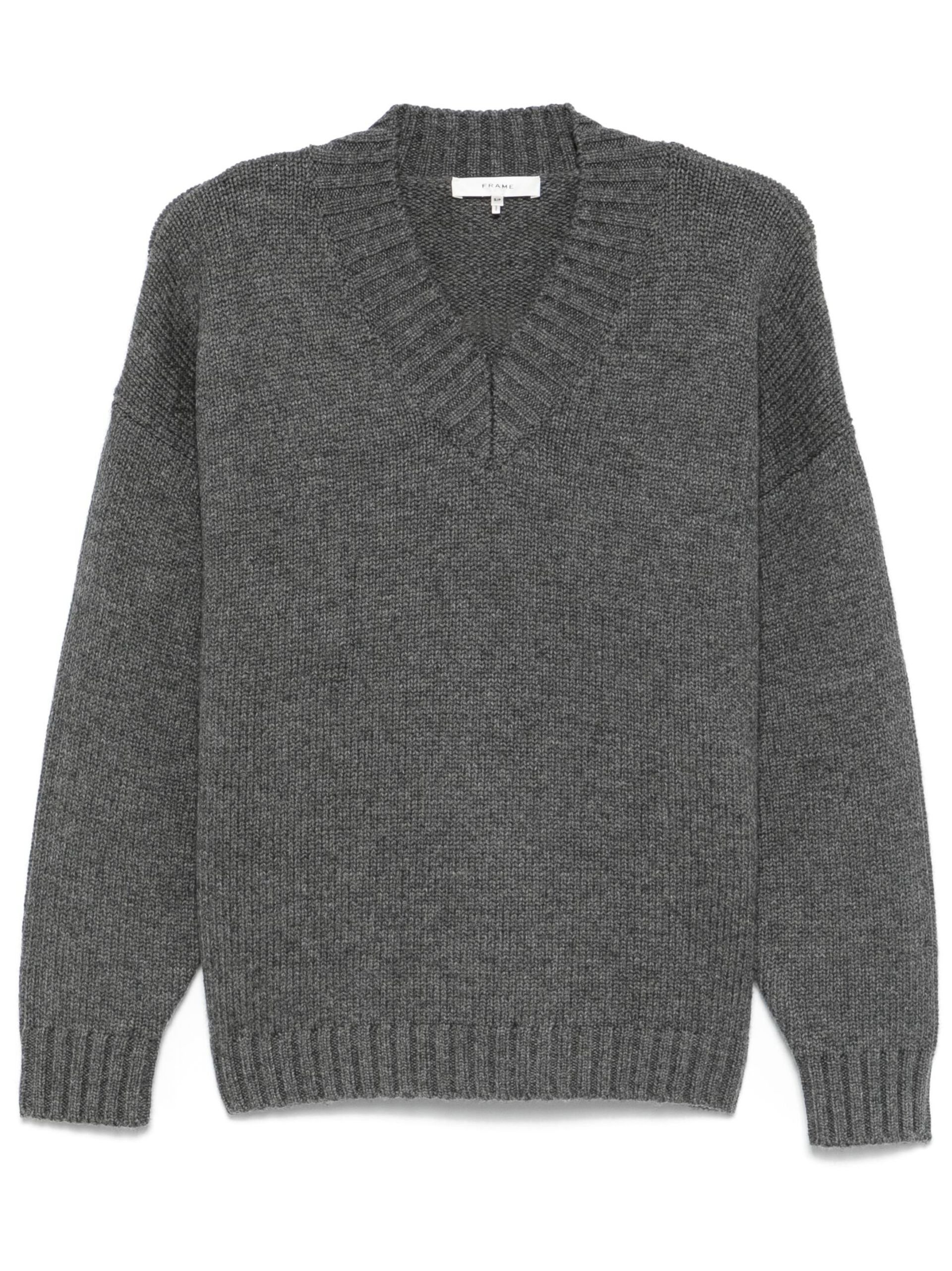 Grey Chunky-Knit V-Neck Sweater - 1